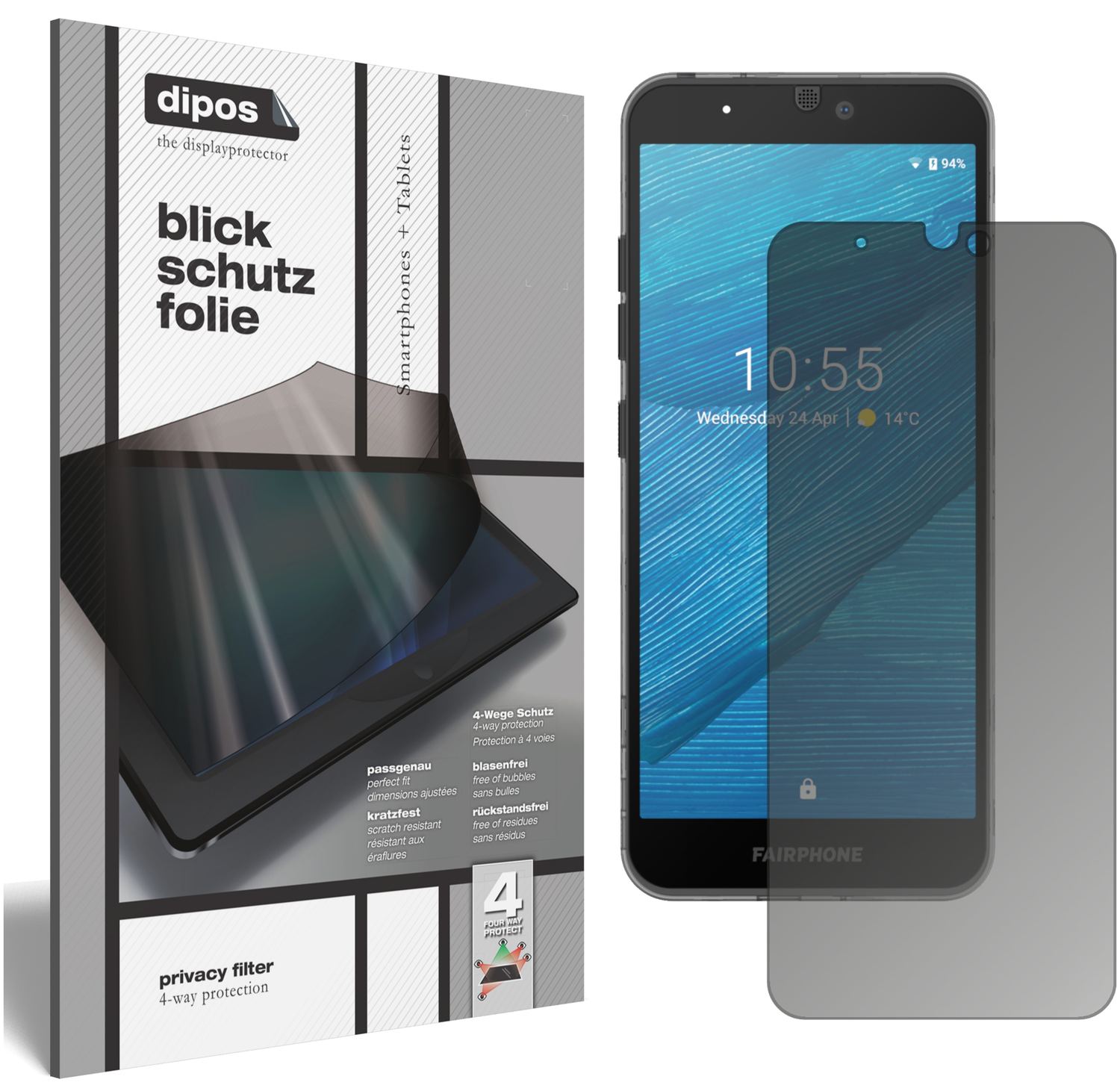 Blickschutzfolie von dipos passend für Fairphone 3, präziser Zuschnitt und blasenfrei montiert