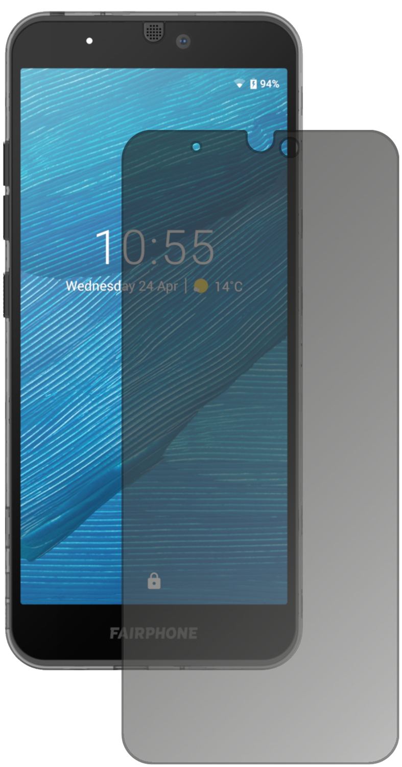 Fairphone3 mit aufgebrachtem dipos Displayschutz, der seitliche Einblicke blockiert