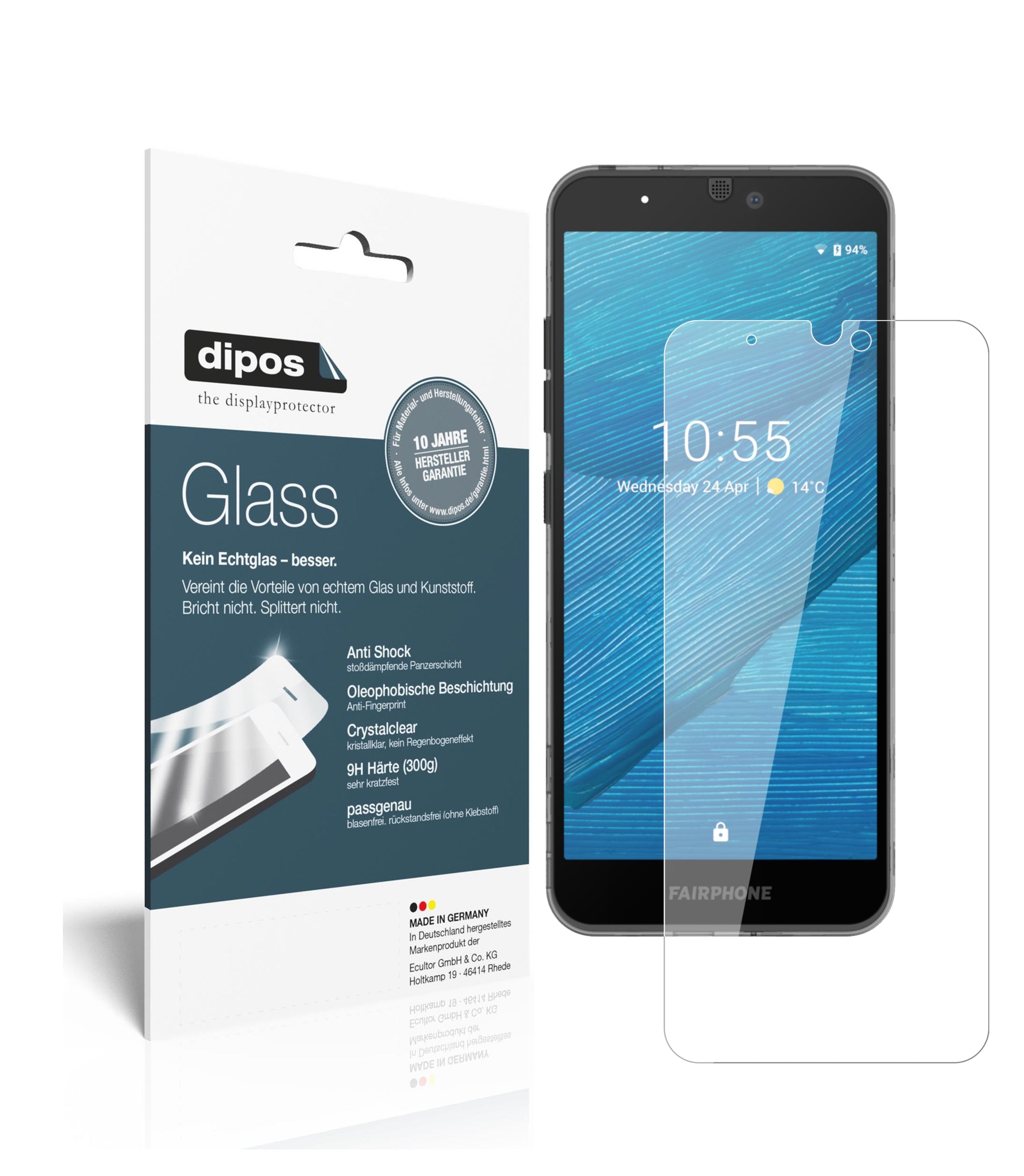 Klare Displayschutzfolie von dipos passend für Fairphone 3, 9H kratzfest und blasenfrei montiert