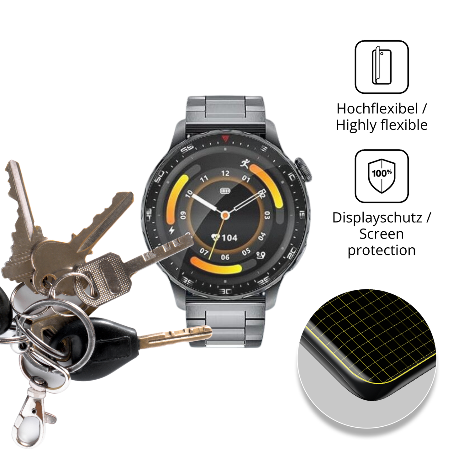 dipos Displayschutz für FITFLEX 1.43 Zoll Smartwatch, transparente Oberfläche, perfekte Passform auch für die Rundungen