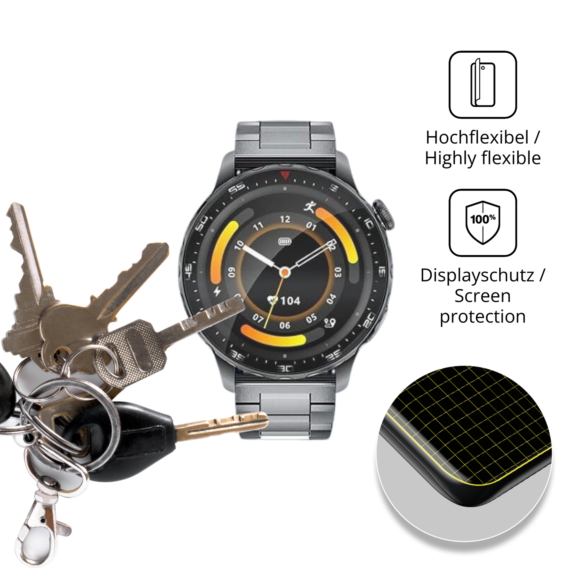 dipos Displayschutz für FITFLEX 1.43 Zoll Smartwatch, transparente Oberfläche, perfekte Passform auch für die Rundungen