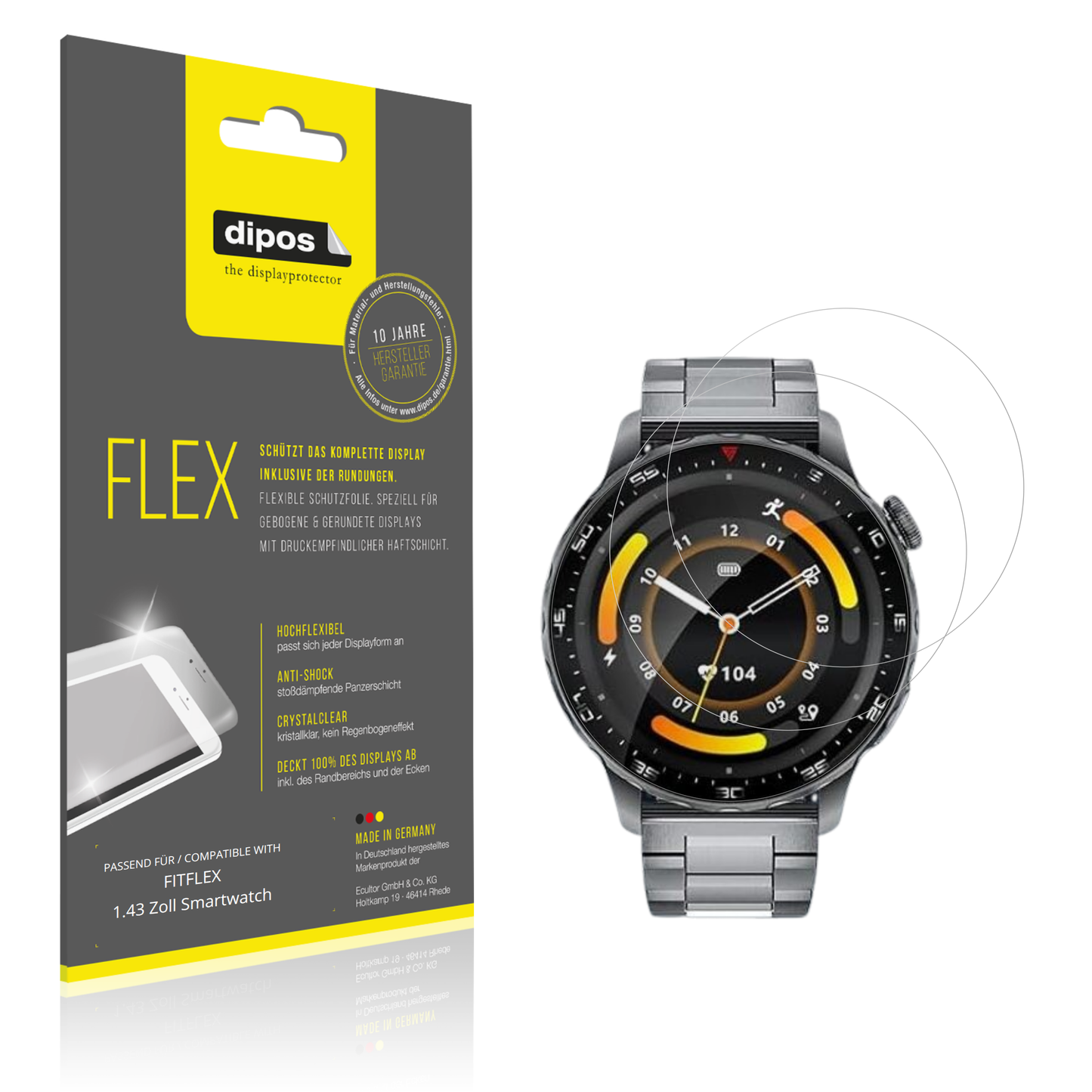 Klare Displayschutzfolie von dipos passend für FITFLEX 1.43 Zoll Smartwatch, 100% Displayabdeckung und blasenfreie Montage