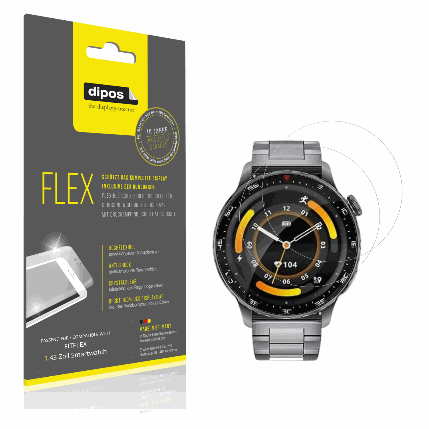 Klare Displayschutzfolie von dipos passend für FITFLEX 1.43 Zoll Smartwatch, 100% Displayabdeckung und blasenfreie Montage