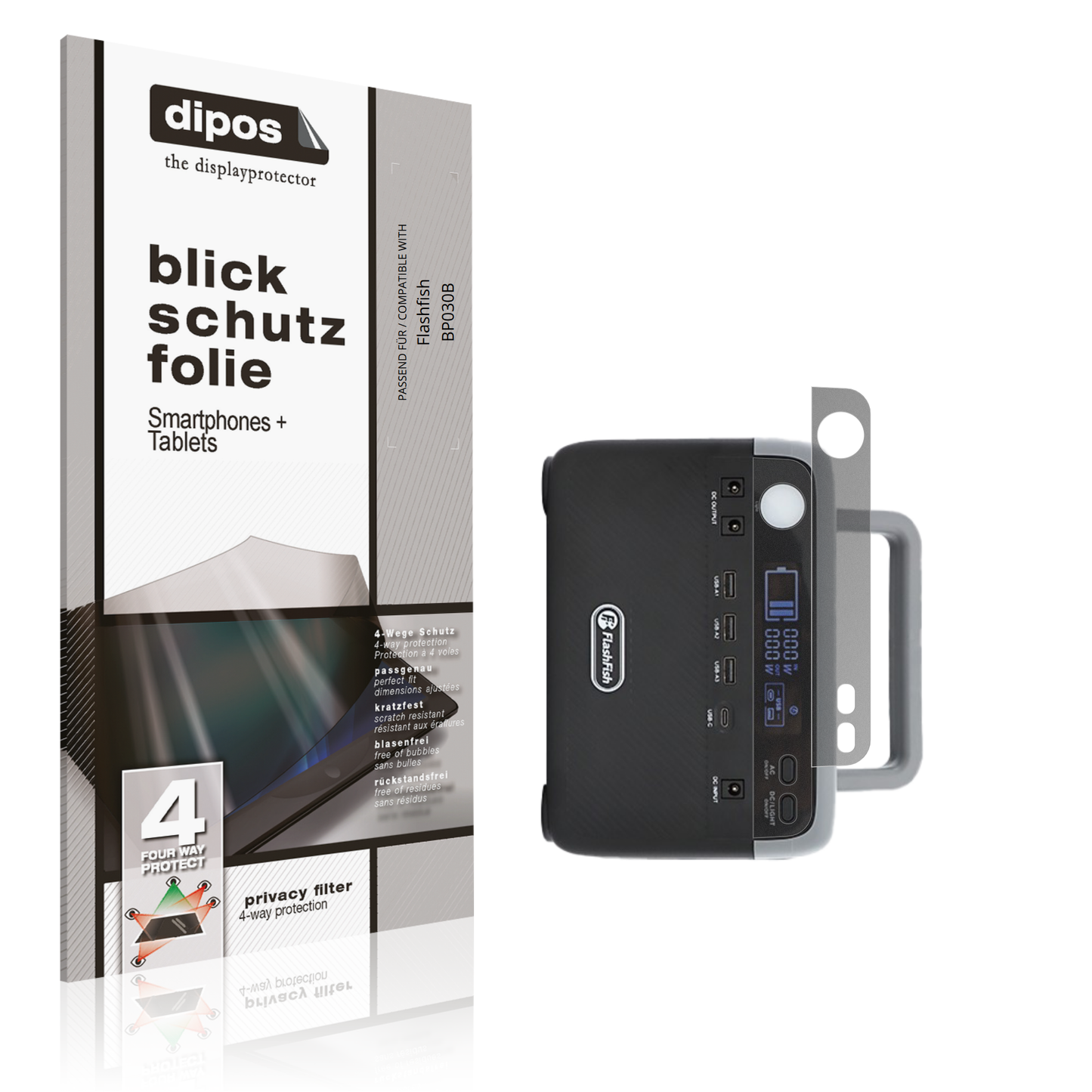 Blickschutzfolie von dipos passend für Flashfish BP030B, präziser Zuschnitt und blasenfrei montiert