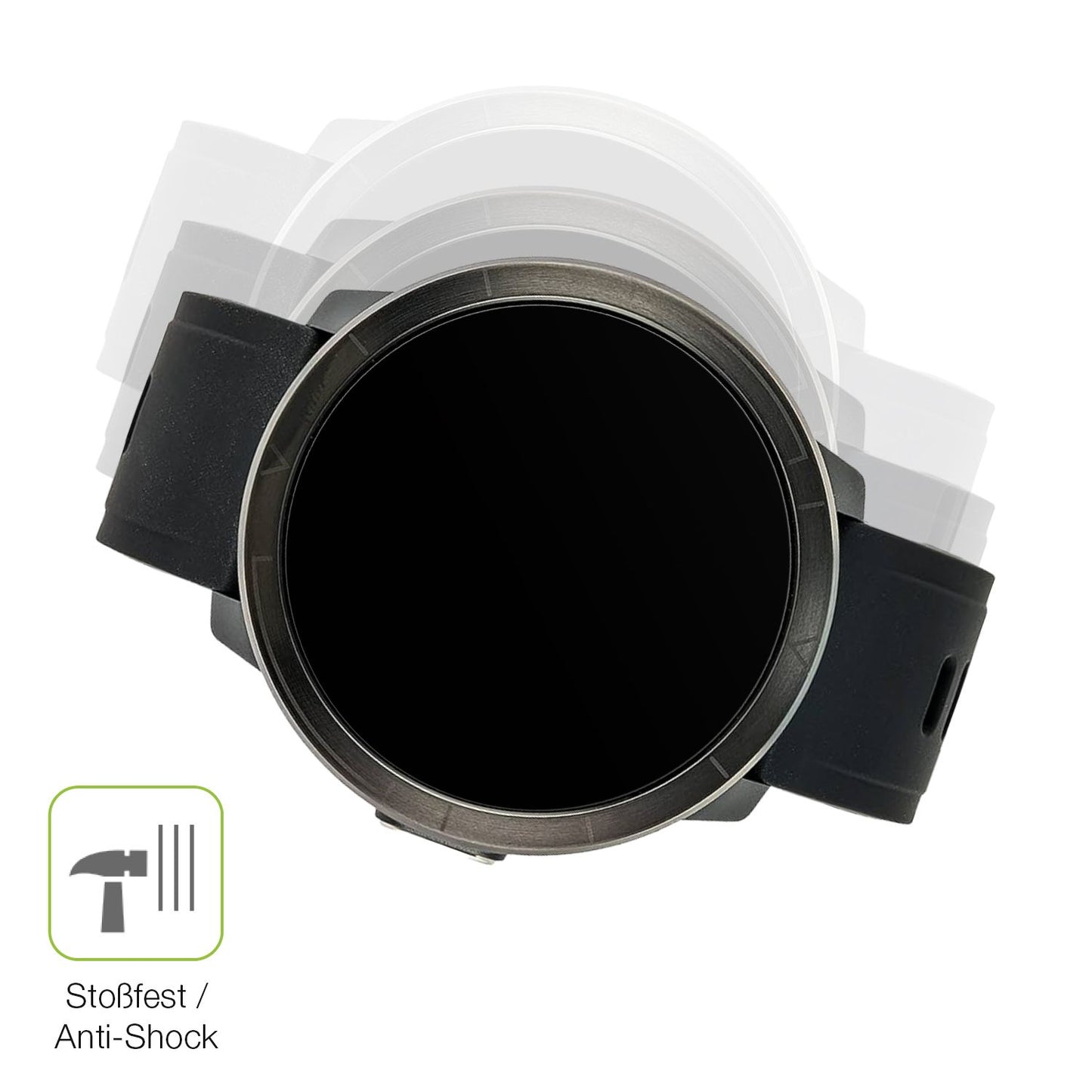 Schutz gegen Kratzer auf dem Watchmark Kardiowatch WM18 Plus Glas durch Schlüssel, Stöße gegen die Tischkante oder Stürze