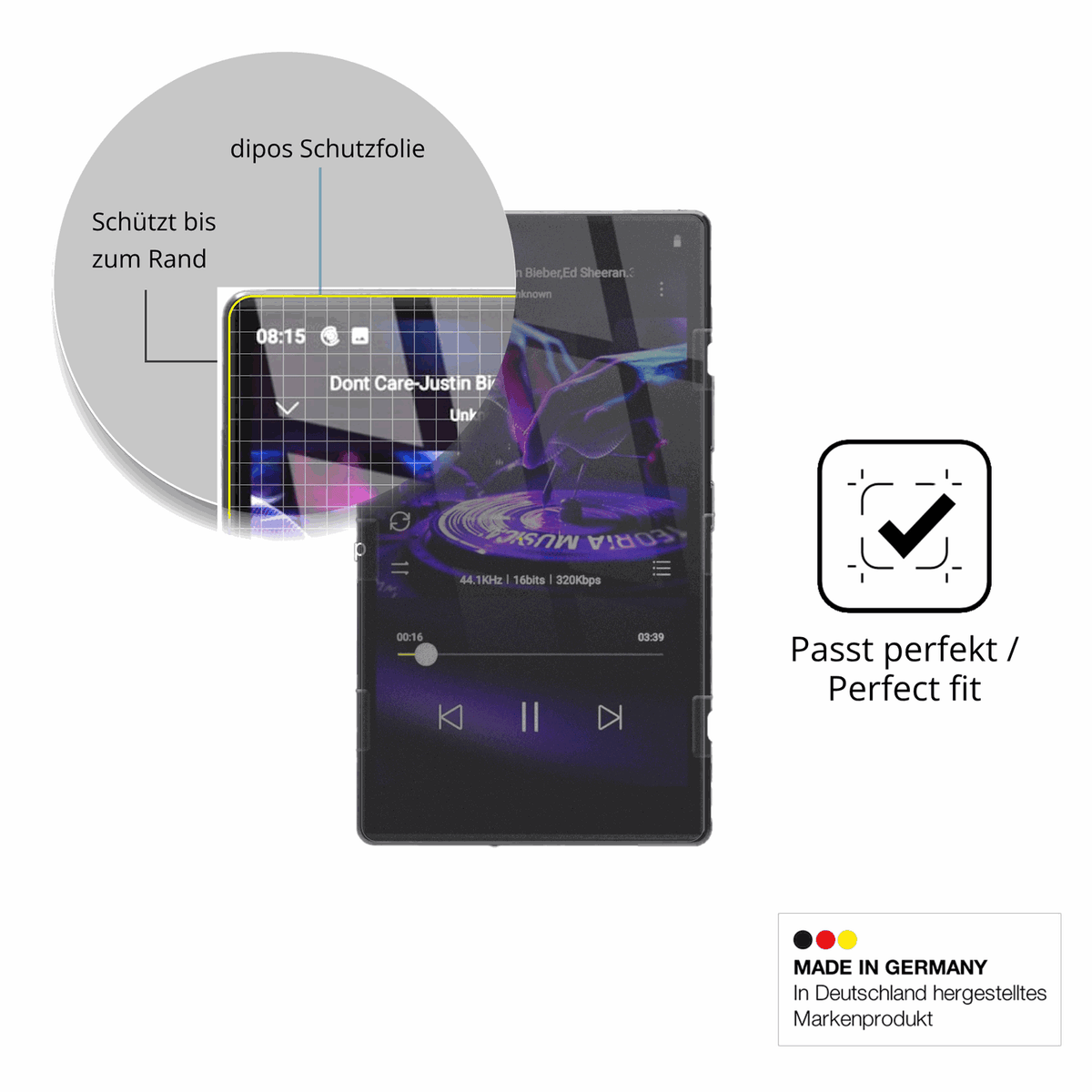 Schutz gegen Kratzer auf dem AHENOD G15 MP3-Player Glas durch Schlüssel, Stöße gegen die Tischkante oder Stürze