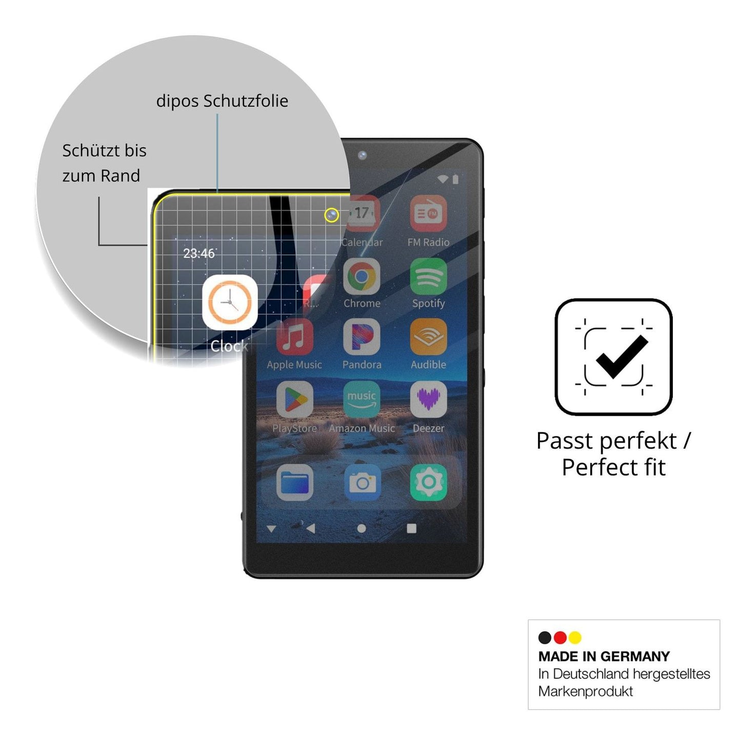 Schutz gegen Kratzer auf dem Oilsky M305 MP3-Player Glas durch Schlüssel, Stöße gegen die Tischkante oder Stürze