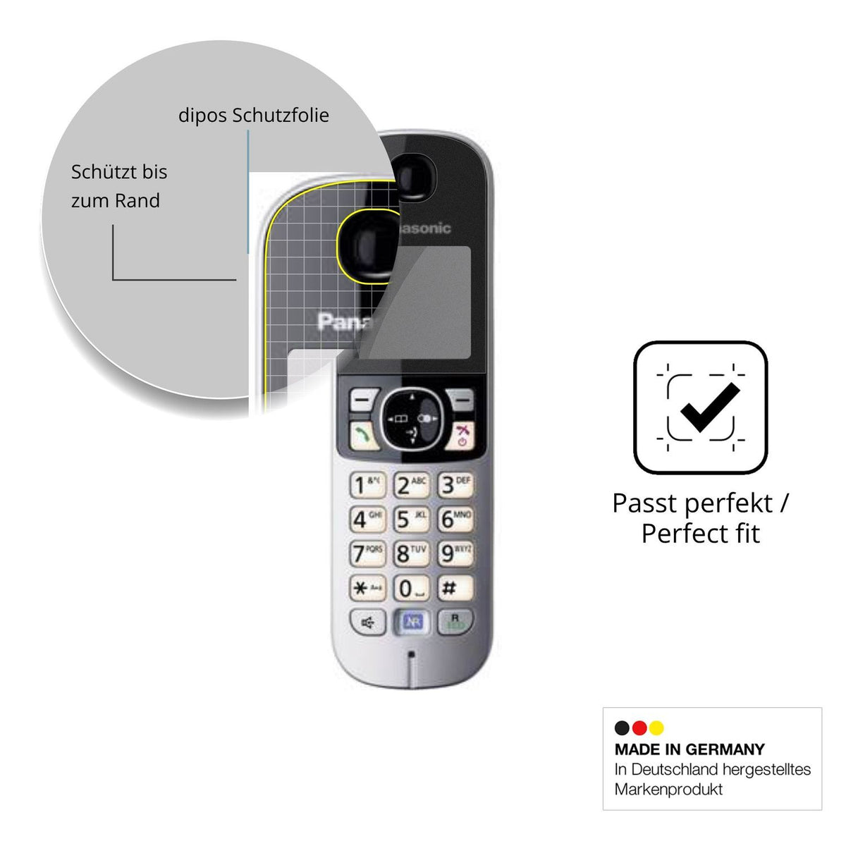 Schutz gegen Kratzer auf dem Panasonic KX-TG6823 Glas durch Schlüssel, Stöße gegen die Tischkante oder Stürze