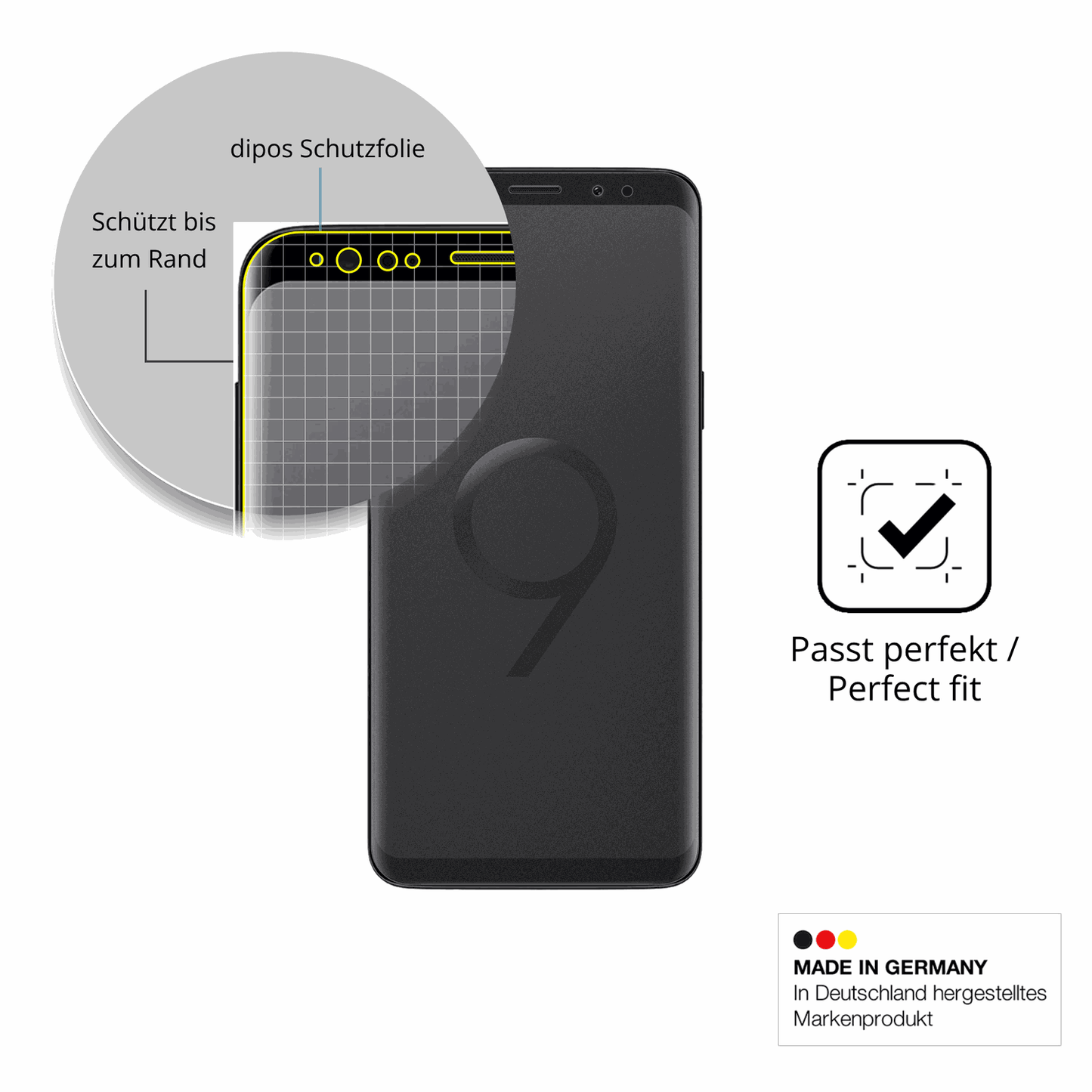 Schutz gegen Kratzer auf dem Samsung Galaxy S9 Glas durch Schlüssel, Stöße gegen die Tischkante oder Stürze