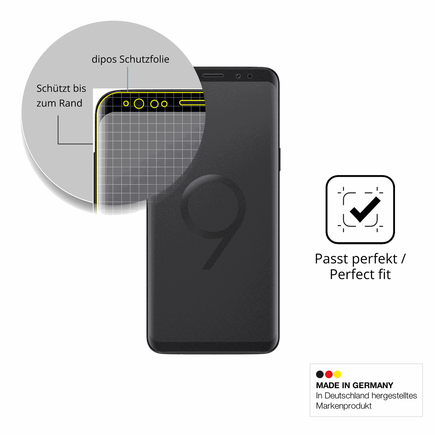Schutz gegen Kratzer auf dem Samsung Galaxy S9 Glas durch Schlüssel, Stöße gegen die Tischkante oder Stürze