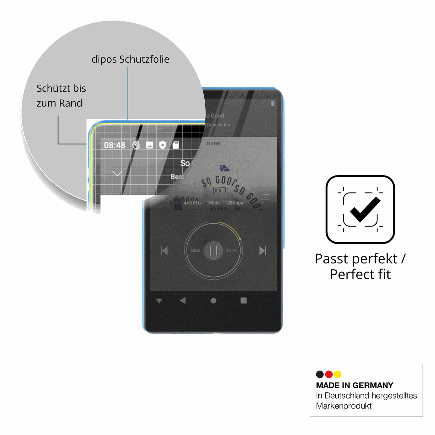 Schutz gegen Kratzer auf dem SWOFY M503 Pro MP3-Player Glas durch Schlüssel, Stöße gegen die Tischkante oder Stürze