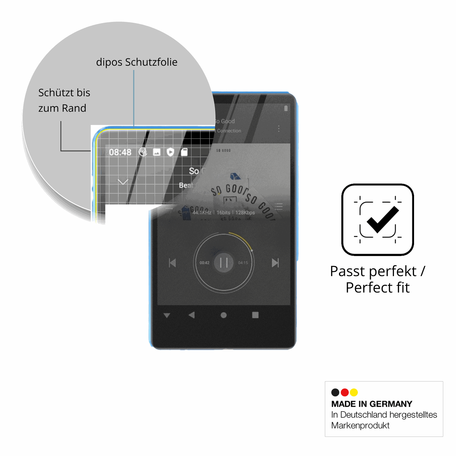 Schutz gegen Kratzer auf dem SWOFY M503 Pro MP3-Player Glas durch Schlüssel, Stöße gegen die Tischkante oder Stürze