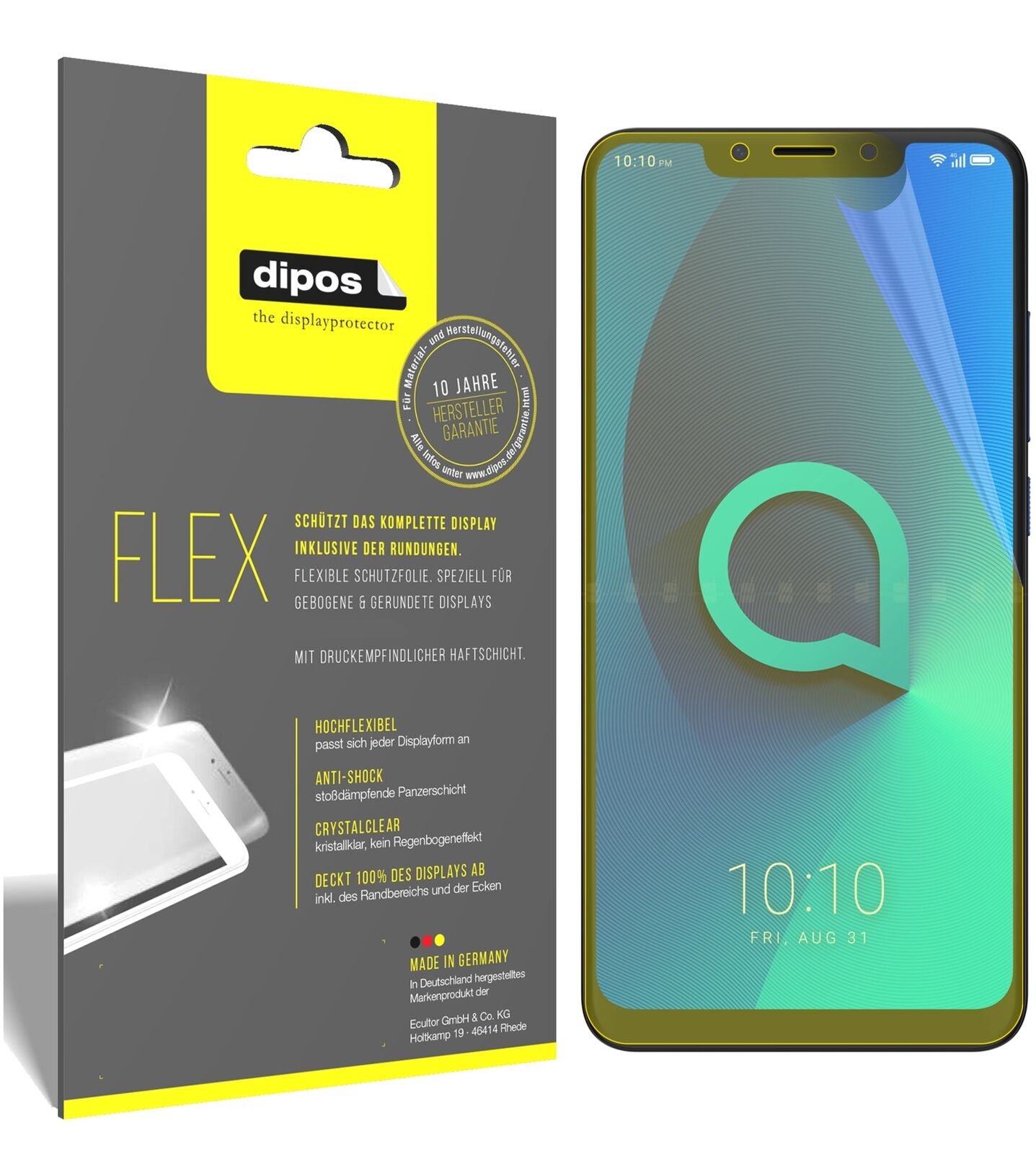 Alcatel5V mit aufgebrachter dipos Displayschutzfolie, glasklare Darstellung ohne Einschränkungen