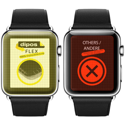 AppleWatch 38mm Series 1 + 2 mit aufgebrachter dipos Displayschutzfolie, glasklare Darstellung ohne Einschränkungen