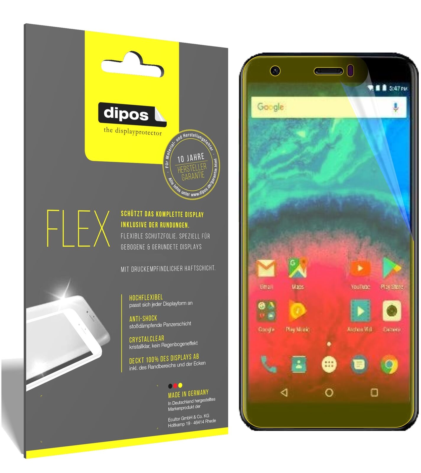 ArchosCore 55S mit aufgebrachter dipos Displayschutzfolie, glasklare Darstellung ohne Einschränkungen