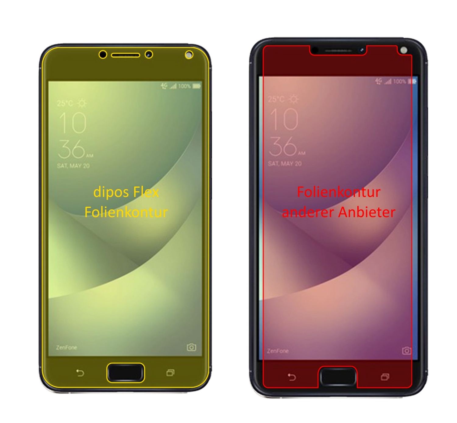 AsusZenfone 4 Max 5,5 Zoll ZC554KL mit aufgebrachter dipos Displayschutzfolie, glasklare Darstellung ohne Einschränkungen