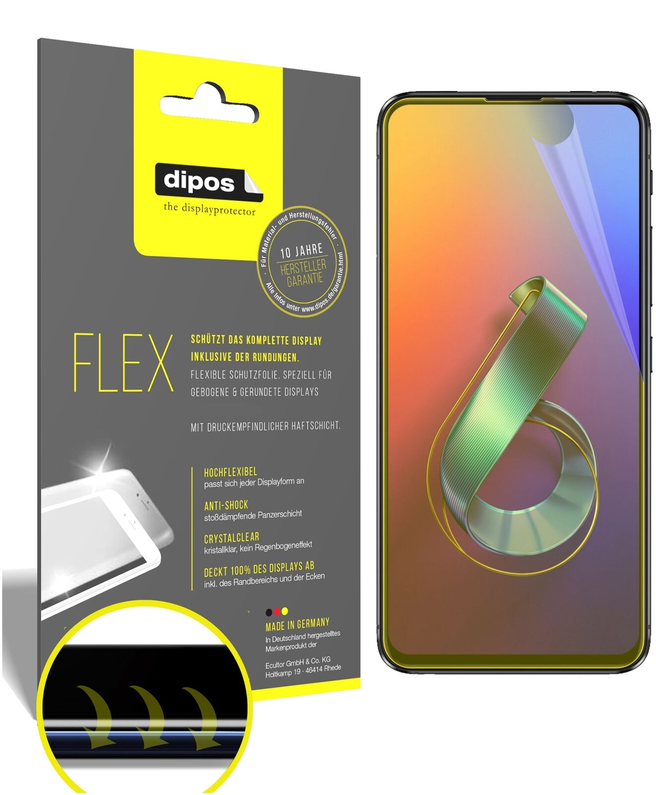 AsusZenfone 6 (ZS630KL) mit aufgebrachter dipos Displayschutzfolie, glasklare Darstellung ohne Einschränkungen
