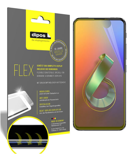 AsusZenfone 6 (ZS630KL) mit aufgebrachter dipos Displayschutzfolie, glasklare Darstellung ohne Einschränkungen