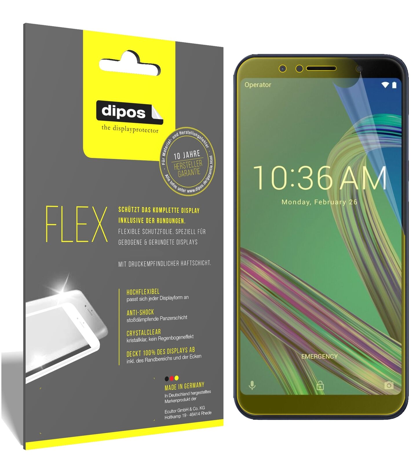 AsusZenFone Max M1 (ZB556KL) mit aufgebrachter dipos Displayschutzfolie, glasklare Darstellung ohne Einschränkungen