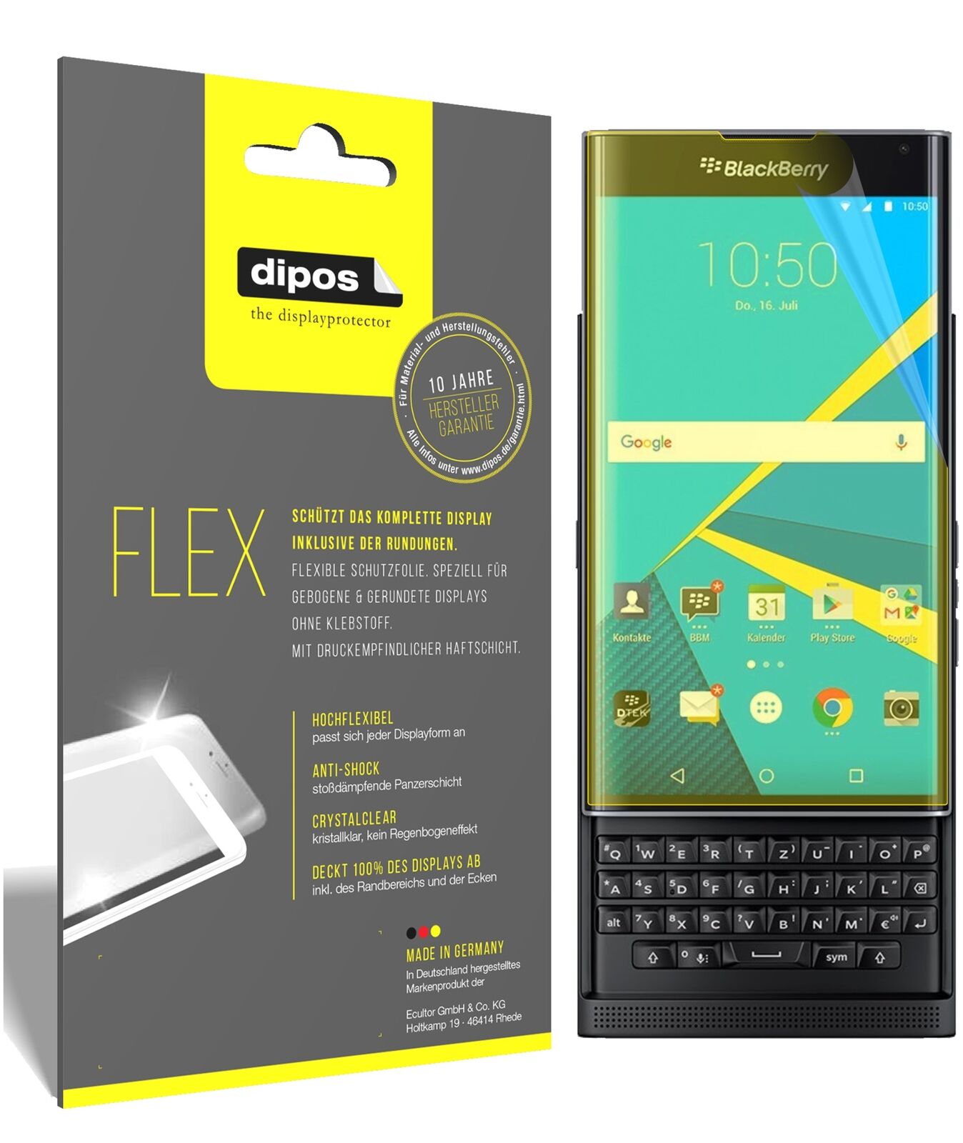 BlackberryPriv mit aufgebrachter dipos Displayschutzfolie, glasklare Darstellung ohne Einschränkungen