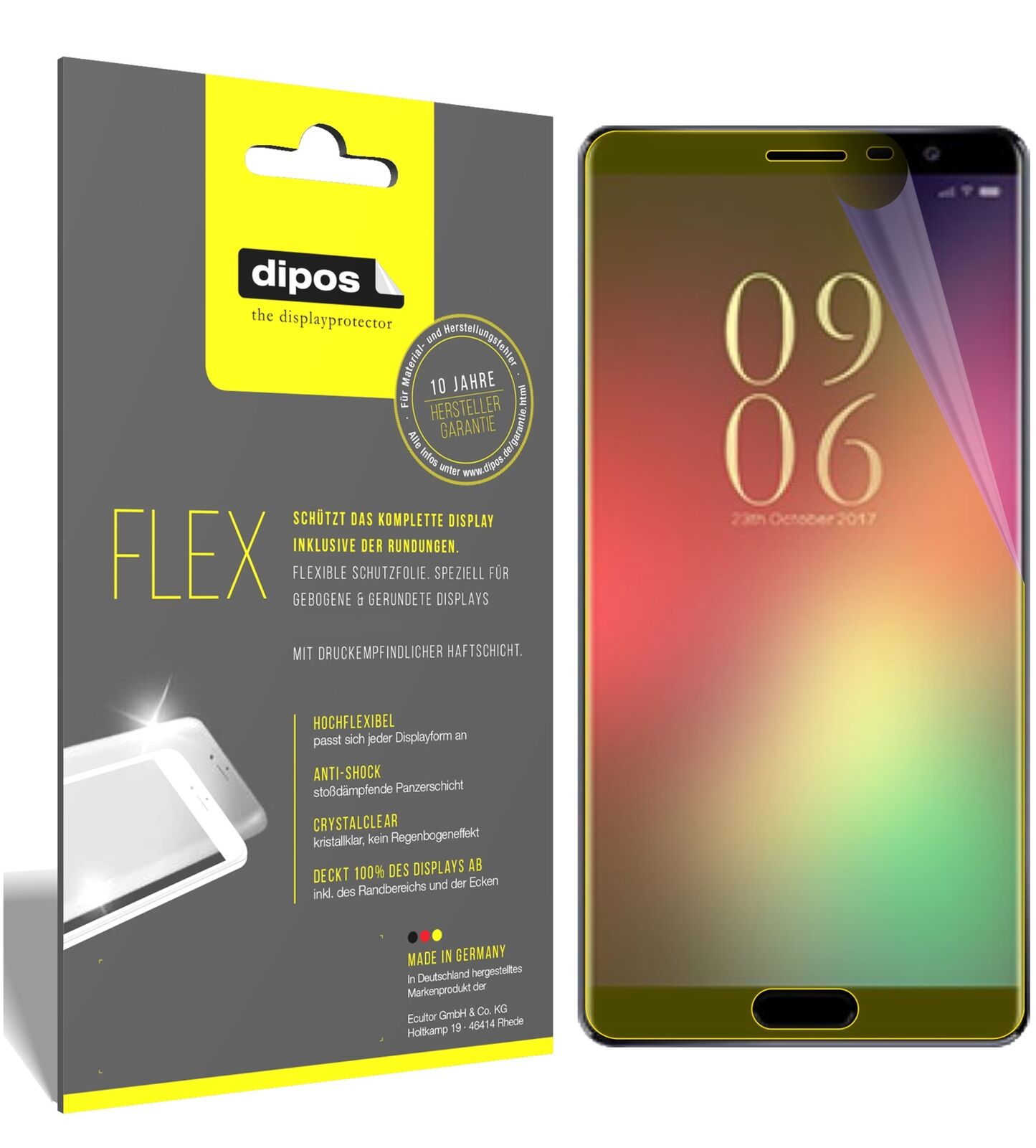 ElephoneC9 mit aufgebrachter dipos Displayschutzfolie, glasklare Darstellung ohne Einschränkungen