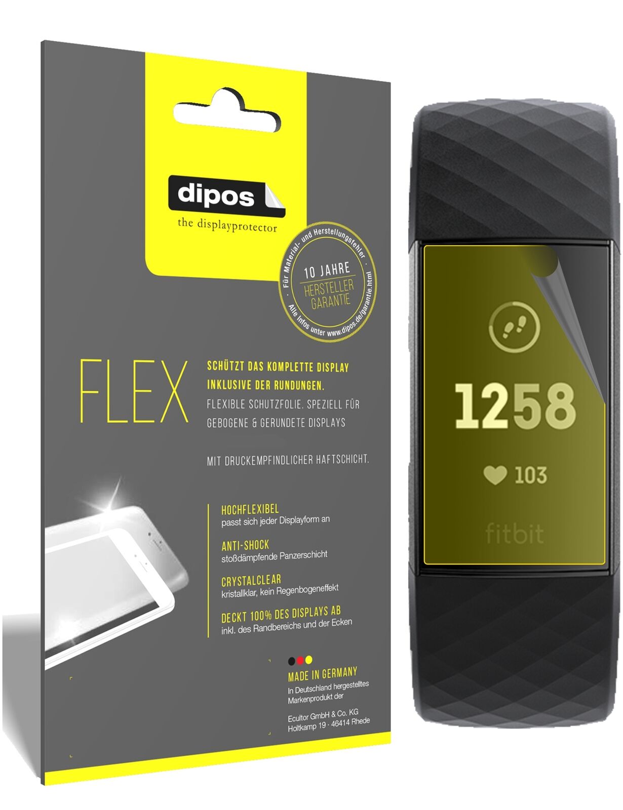 FitbitCharge 3 mit aufgebrachter dipos Displayschutzfolie, glasklare Darstellung ohne Einschränkungen