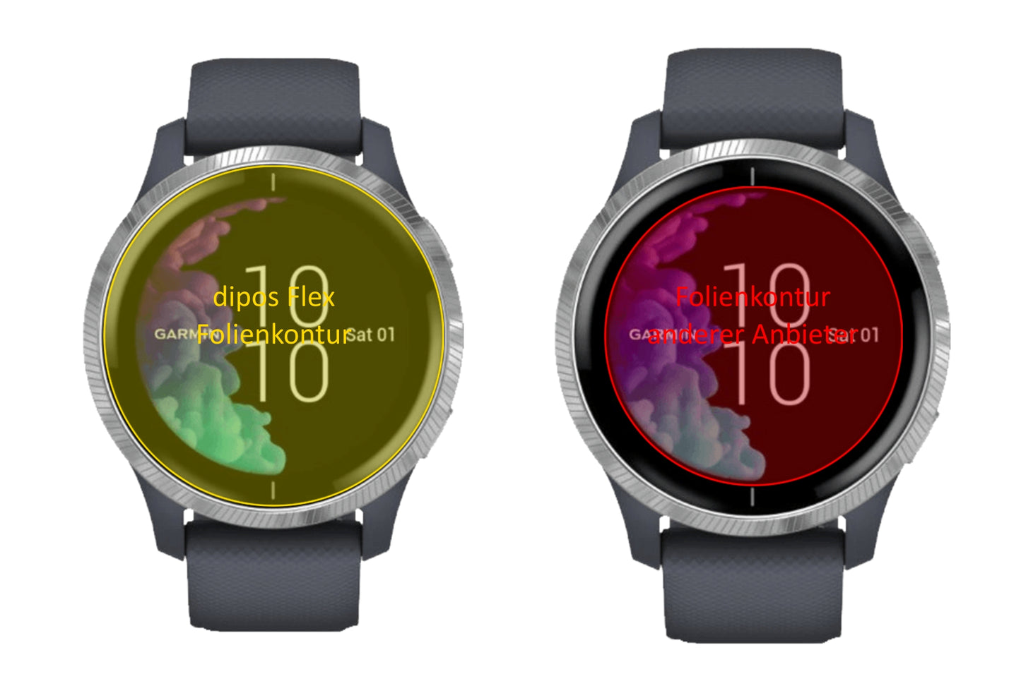 GarminVenu (43mm) mit aufgebrachter dipos Displayschutzfolie, glasklare Darstellung ohne Einschränkungen