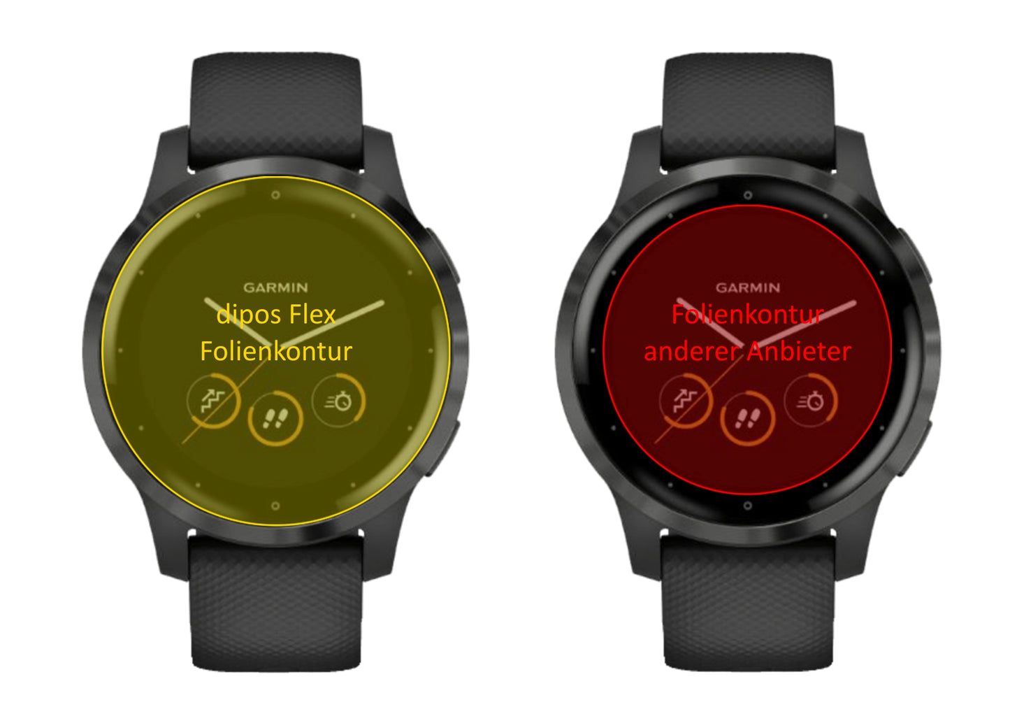 GarminVivoactive 4 (44mm) mit aufgebrachter dipos Displayschutzfolie, glasklare Darstellung ohne Einschränkungen