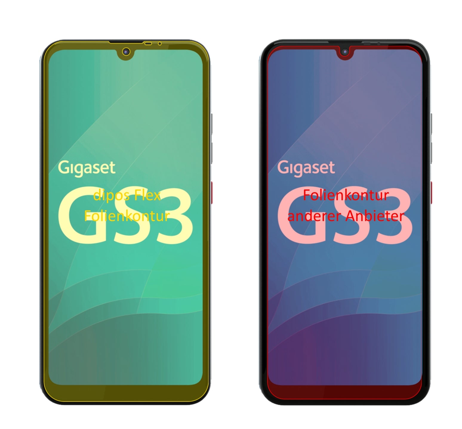 GigasetGS3 mit aufgebrachter dipos Displayschutzfolie, glasklare Darstellung ohne Einschränkungen