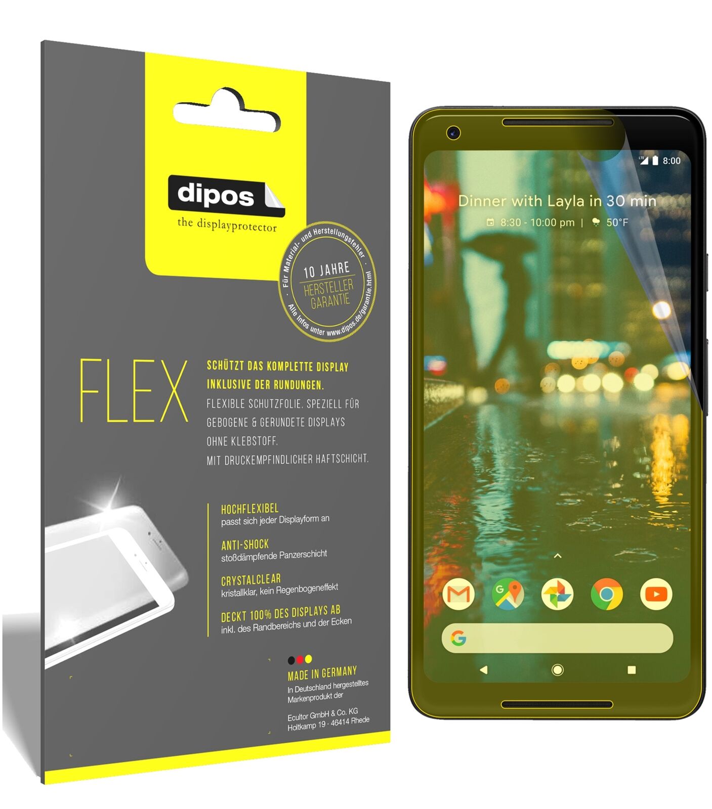 GooglePixel 2 XL mit aufgebrachter dipos Displayschutzfolie, glasklare Darstellung ohne Einschränkungen