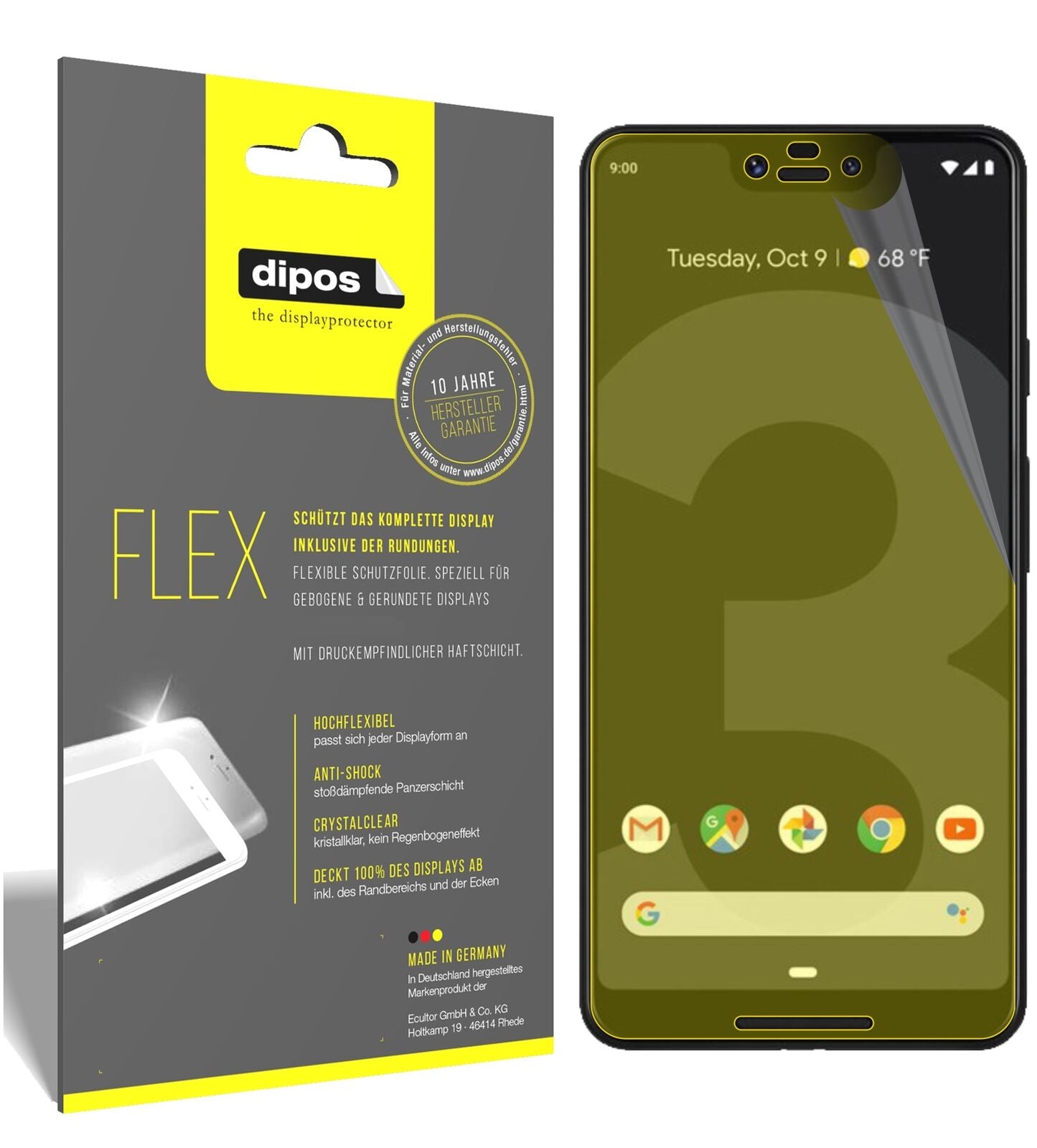 GooglePixel 3 XL mit aufgebrachter dipos Displayschutzfolie, glasklare Darstellung ohne Einschränkungen