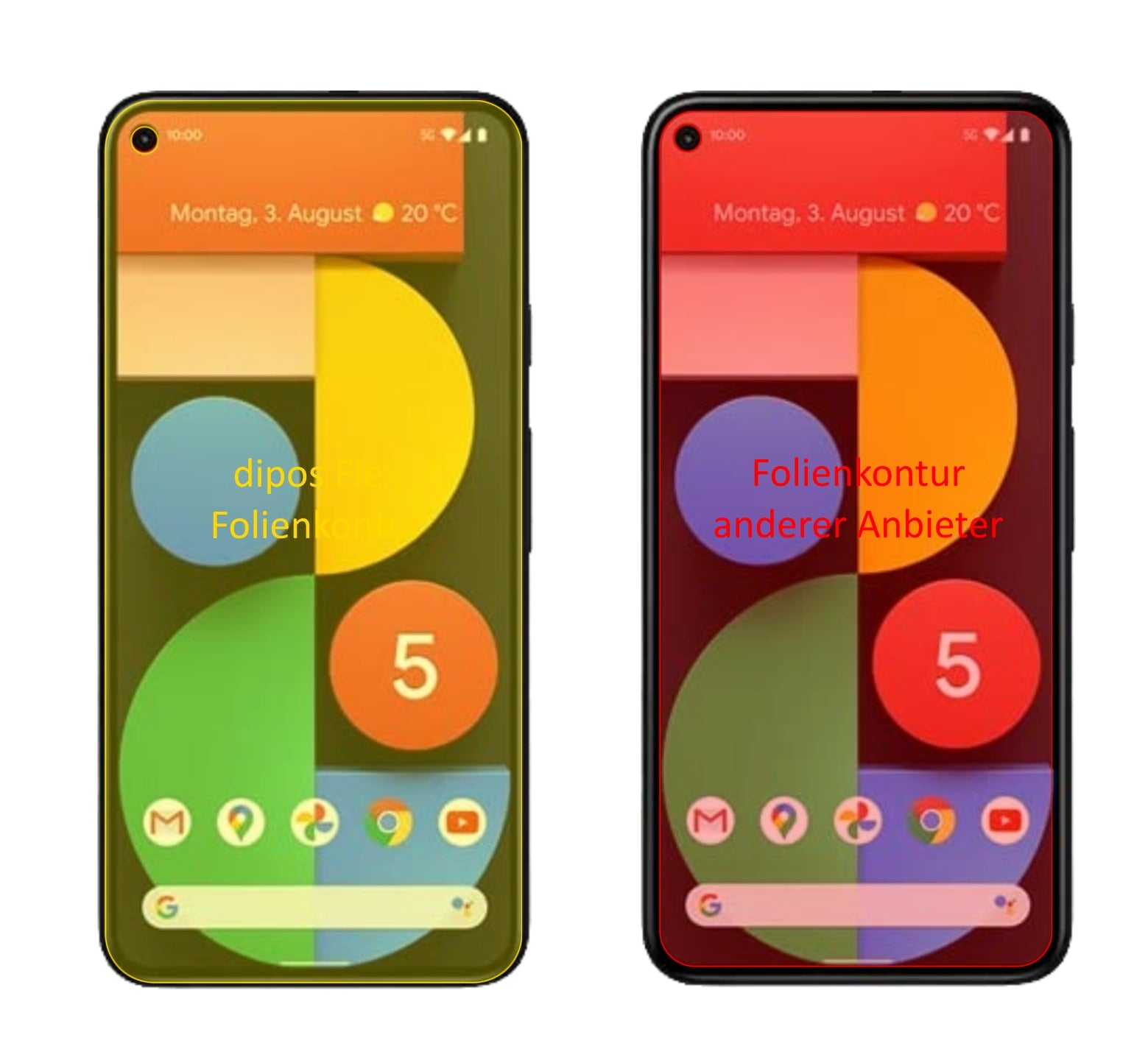 GooglePixel 5 mit aufgebrachter dipos Displayschutzfolie, glasklare Darstellung ohne Einschränkungen