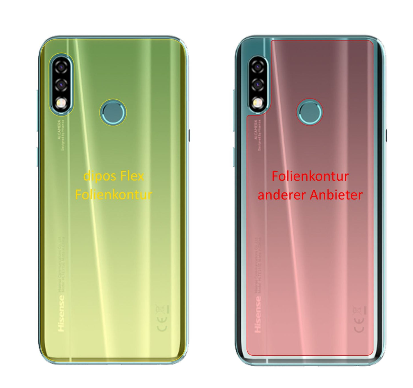 HisenseInfinity H30 Rückseite mit aufgebrachter dipos Displayschutzfolie, glasklare Darstellung ohne Einschränkungen