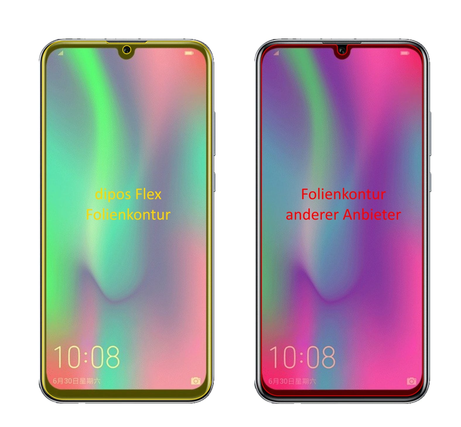 Honor10i mit aufgebrachter dipos Displayschutzfolie, glasklare Darstellung ohne Einschränkungen