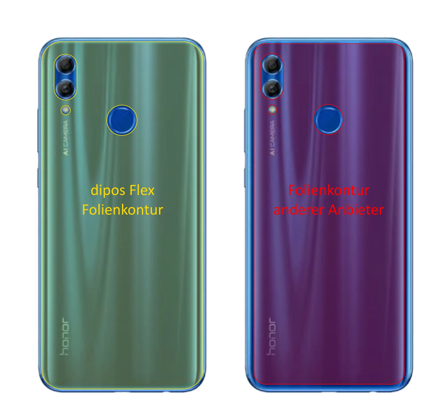 Honor10i Rückseite mit aufgebrachter dipos Displayschutzfolie, glasklare Darstellung ohne Einschränkungen