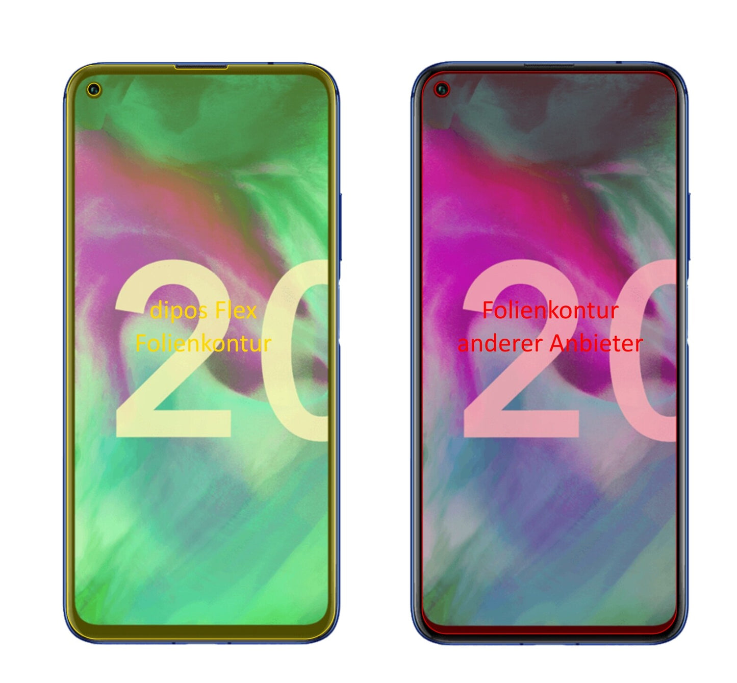 Honor20 Pro mit aufgebrachter dipos Displayschutzfolie, glasklare Darstellung ohne Einschränkungen