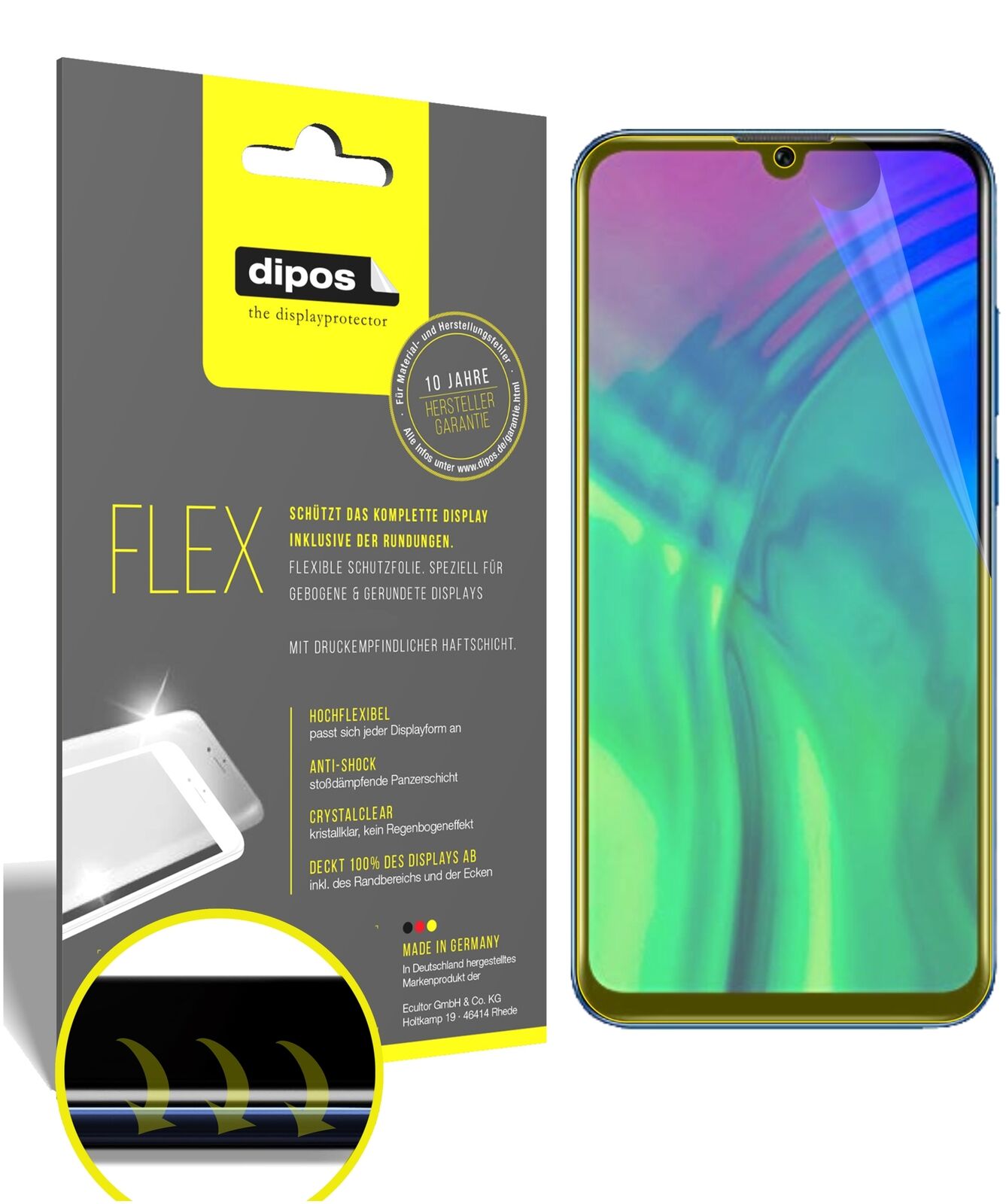 Klare Displayschutzfolie von dipos passend für Honor 20E, 100% Displayabdeckung und blasenfreie Montage