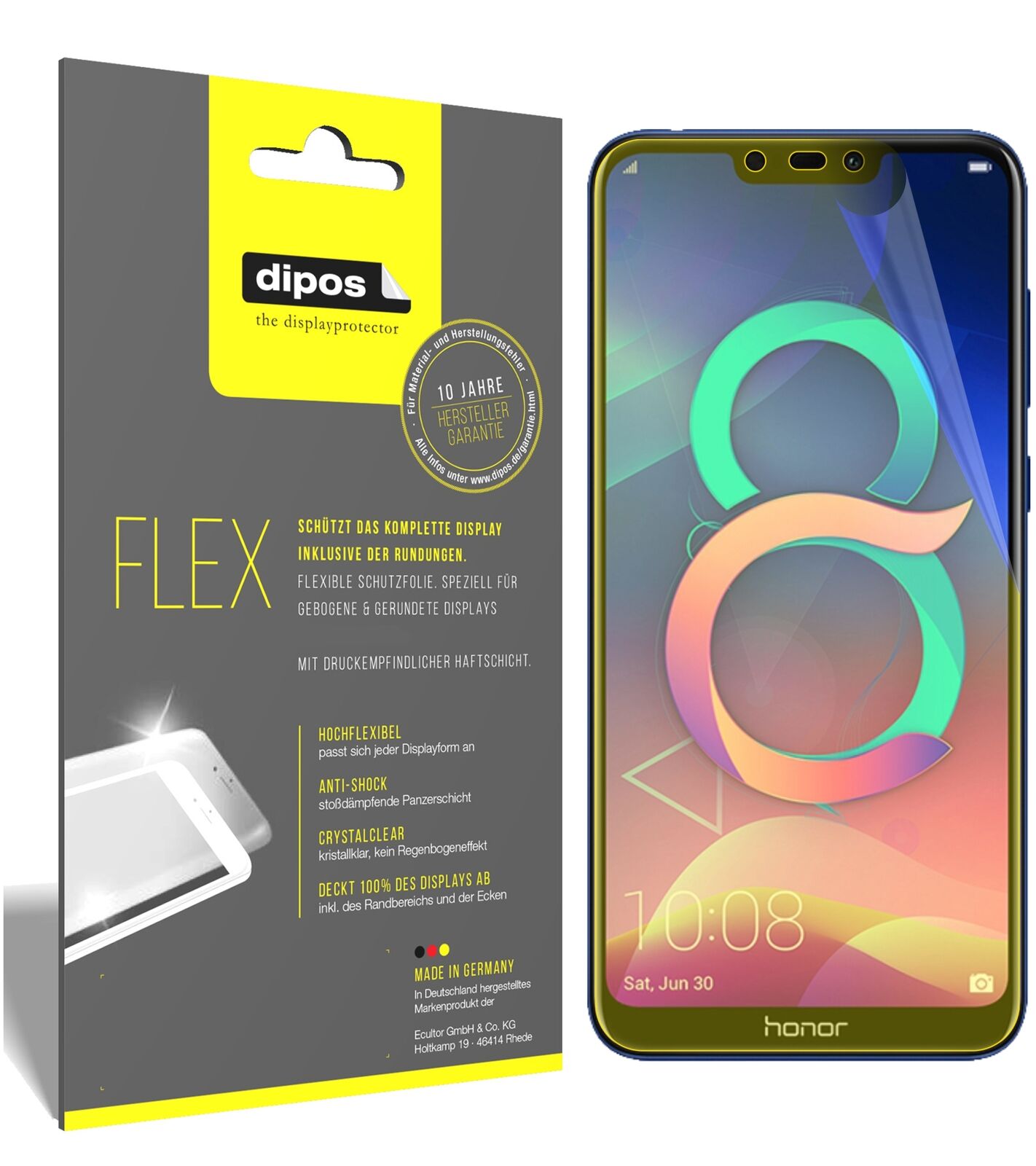 Honor8C mit aufgebrachter dipos Displayschutzfolie, glasklare Darstellung ohne Einschränkungen