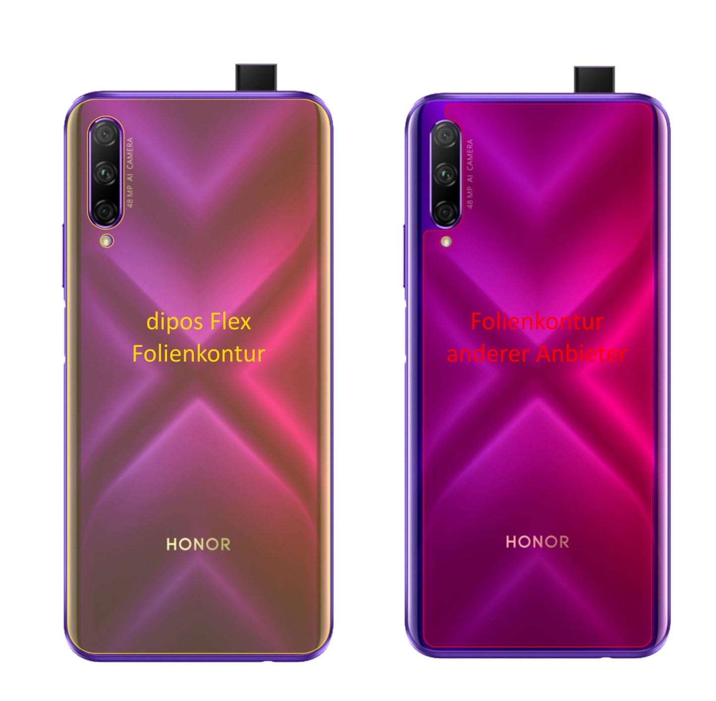 Honor9X Rückseite mit aufgebrachter dipos Displayschutzfolie, glasklare Darstellung ohne Einschränkungen