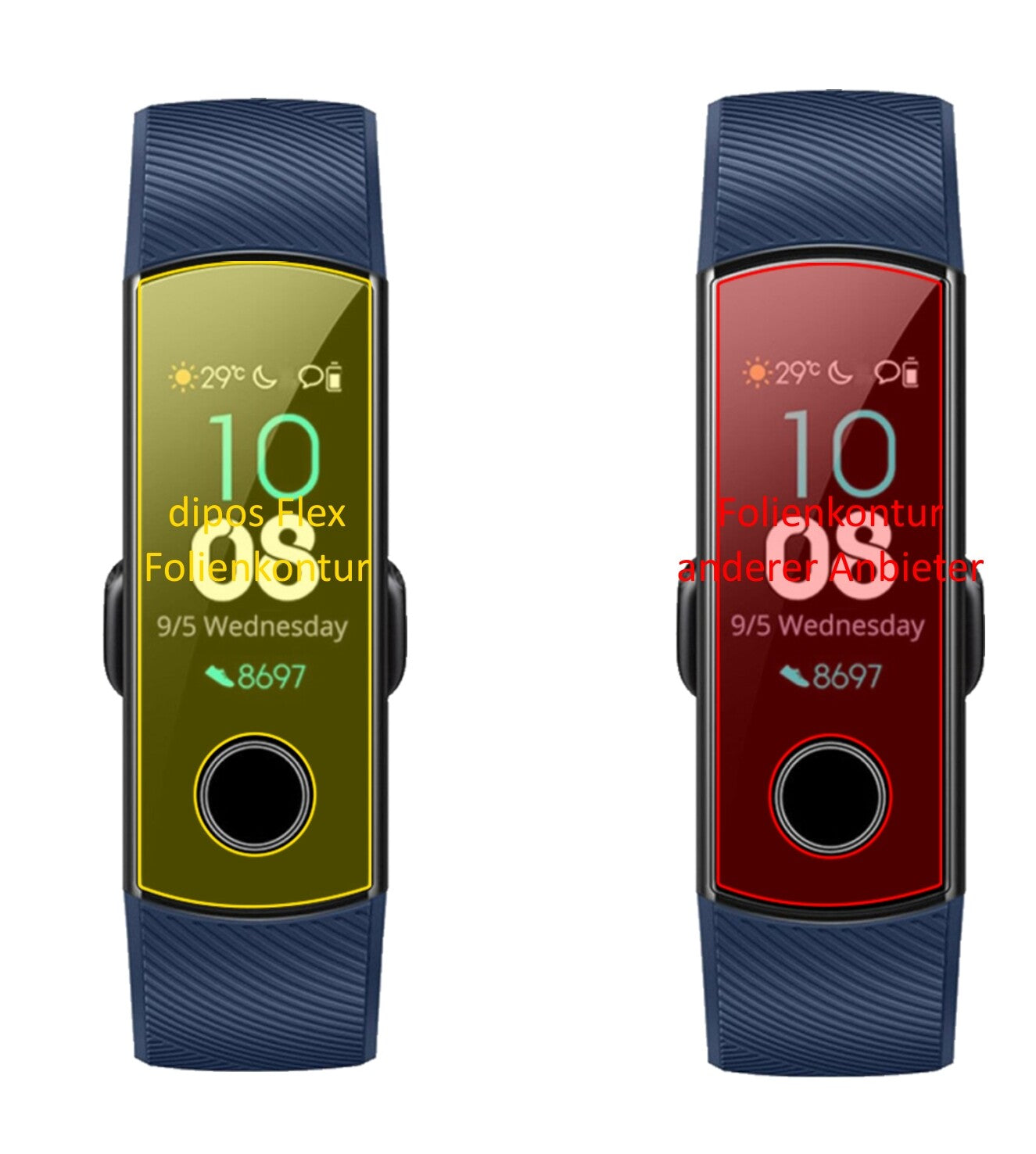 HonorBand 4 mit aufgebrachter dipos Displayschutzfolie, glasklare Darstellung ohne Einschränkungen