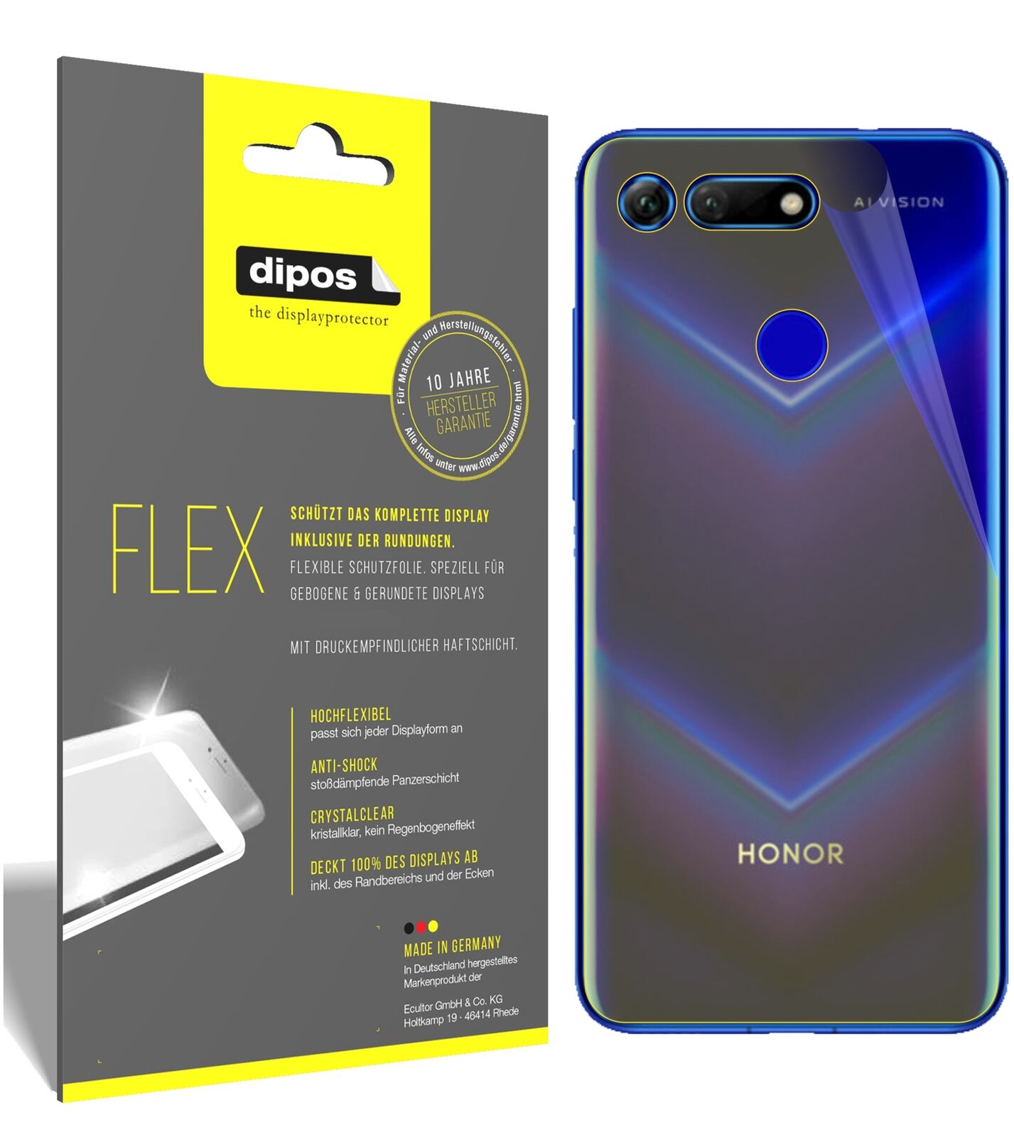 HonorView 20 Rückseite mit aufgebrachter dipos Displayschutzfolie, glasklare Darstellung ohne Einschränkungen