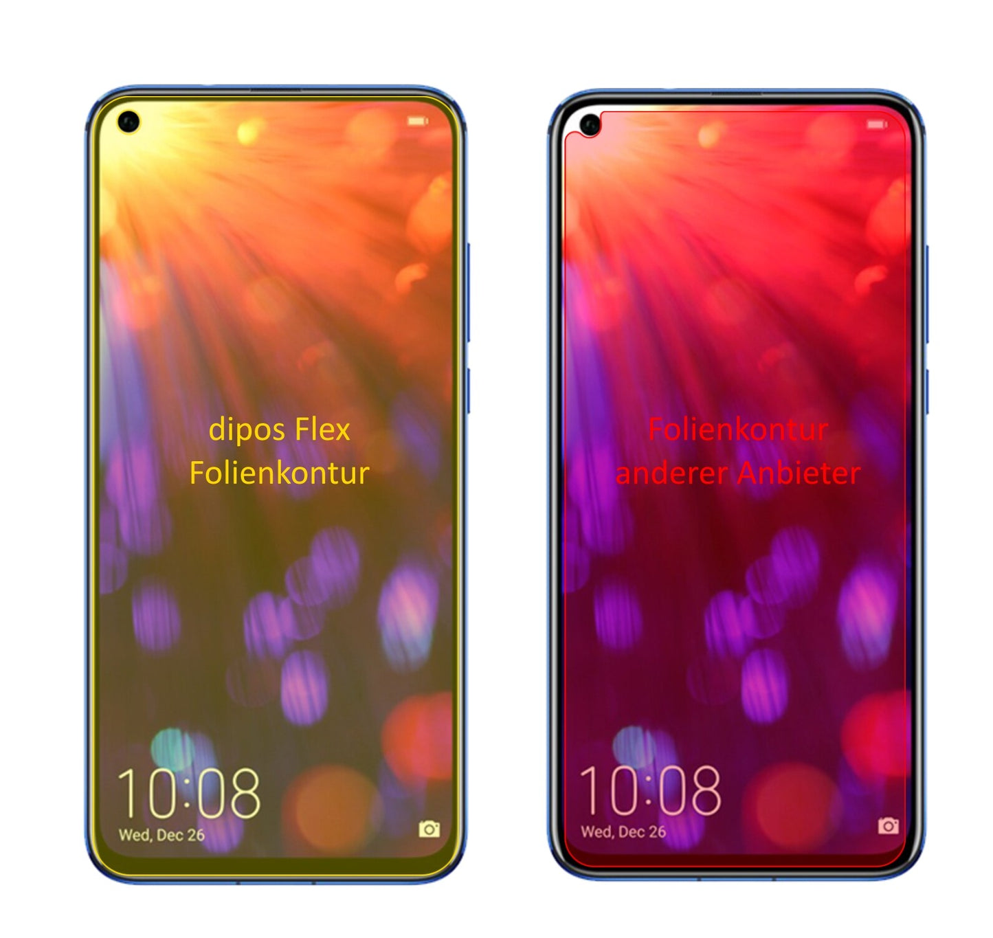 HonorV20 mit aufgebrachter dipos Displayschutzfolie, glasklare Darstellung ohne Einschränkungen