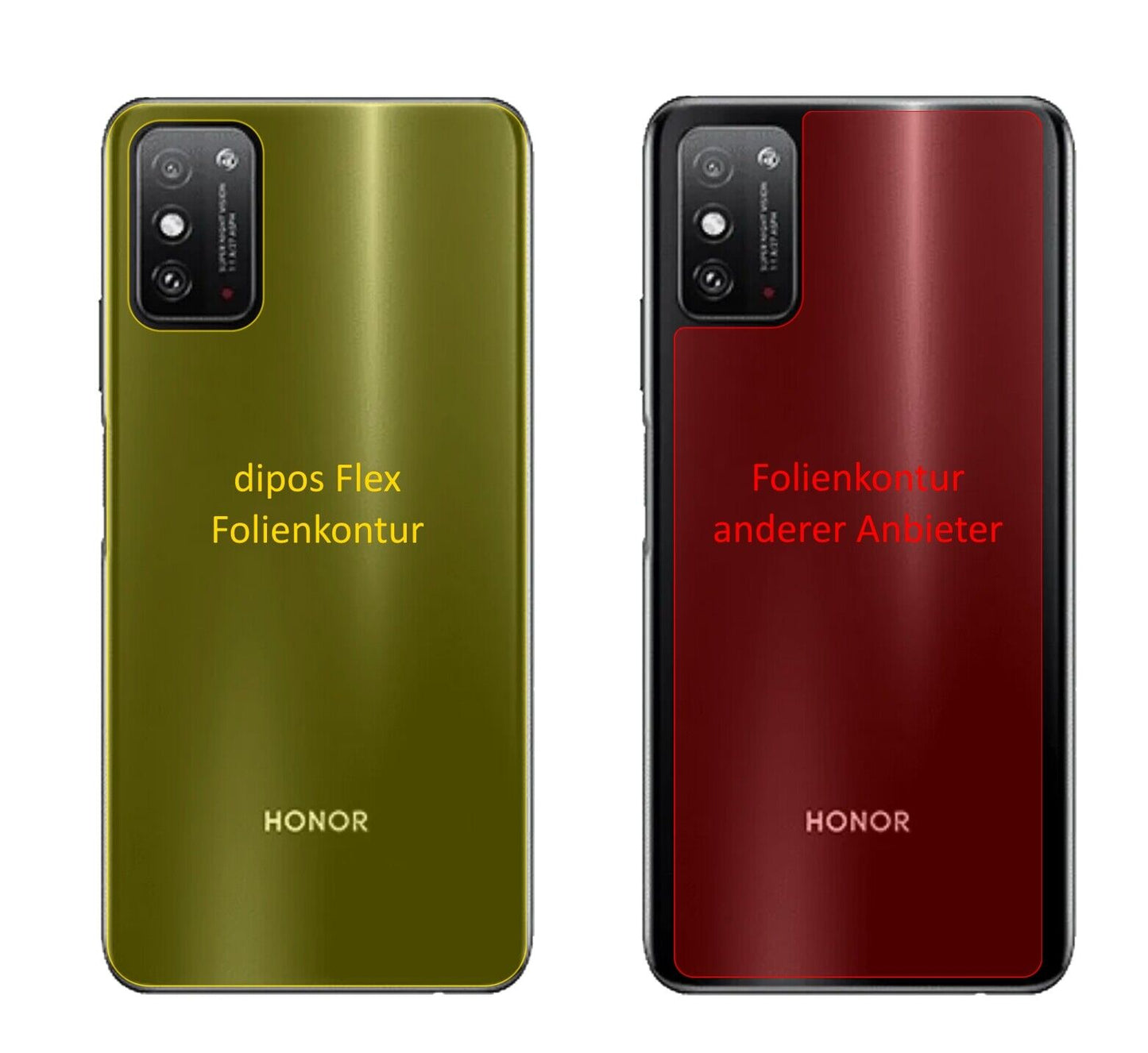 HonorX10 Max 5G Rückseite mit aufgebrachter dipos Displayschutzfolie, glasklare Darstellung ohne Einschränkungen