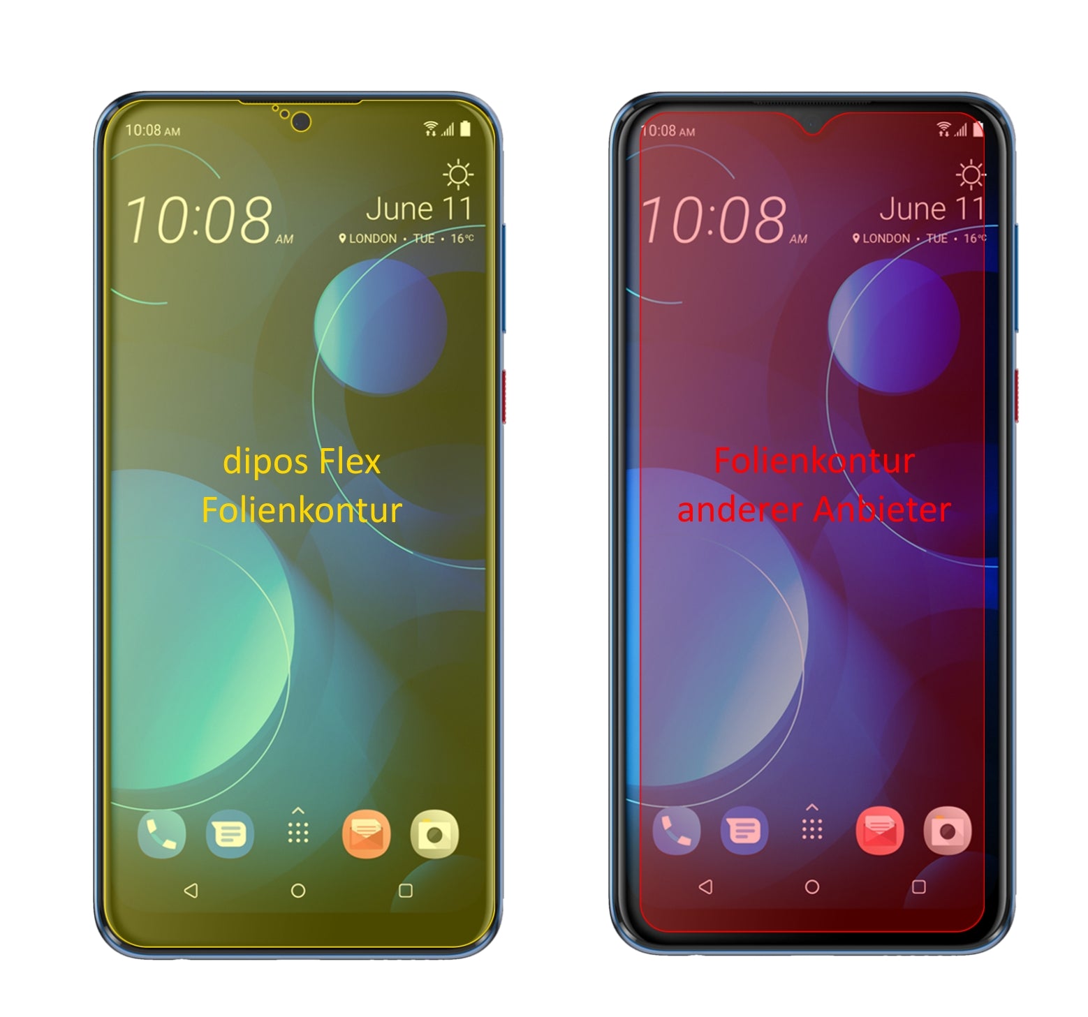 HTCDesire 19 Plus mit aufgebrachter dipos Displayschutzfolie, glasklare Darstellung ohne Einschränkungen