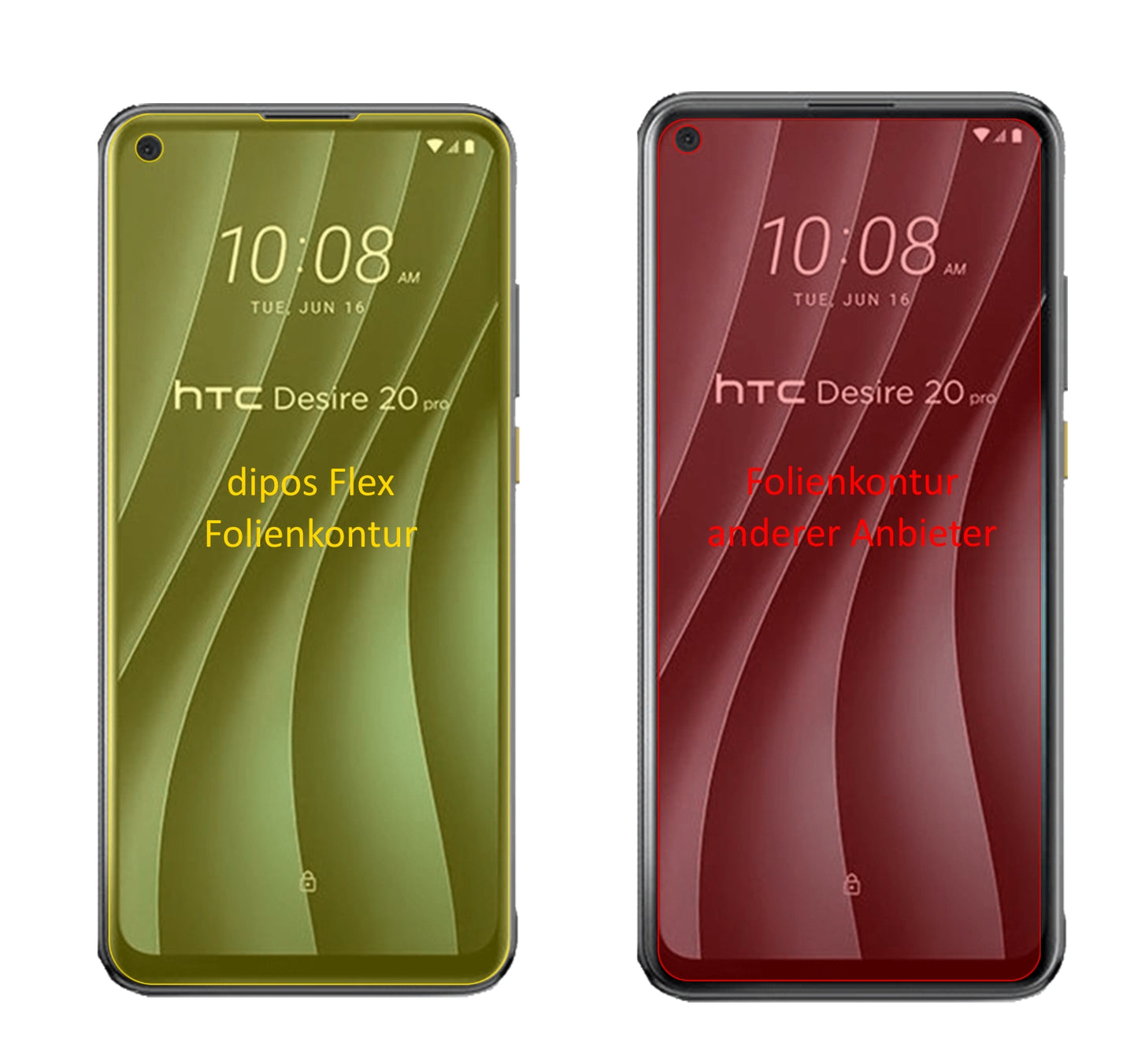 HTCDesire 20 Pro mit aufgebrachter dipos Displayschutzfolie, glasklare Darstellung ohne Einschränkungen
