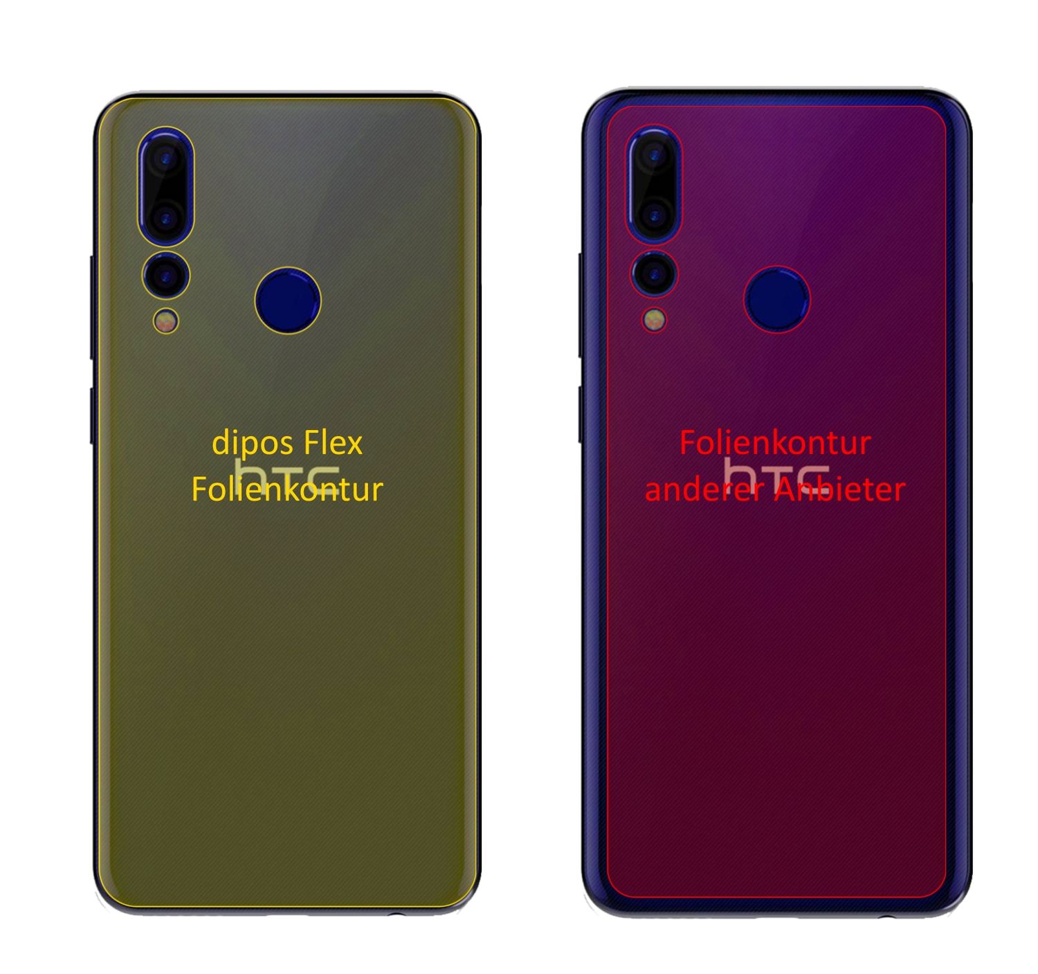 HTCWildfire X Rückseite mit aufgebrachter dipos Displayschutzfolie, glasklare Darstellung ohne Einschränkungen