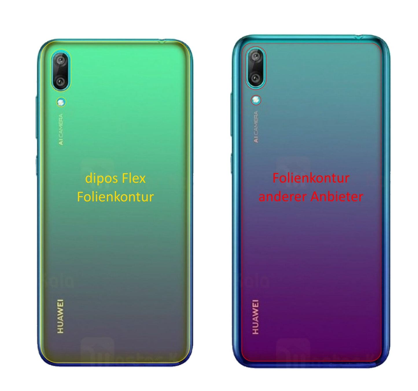 HuaweiY7 Pro (2019) Rückseite mit aufgebrachter dipos Displayschutzfolie, glasklare Darstellung ohne Einschränkungen
