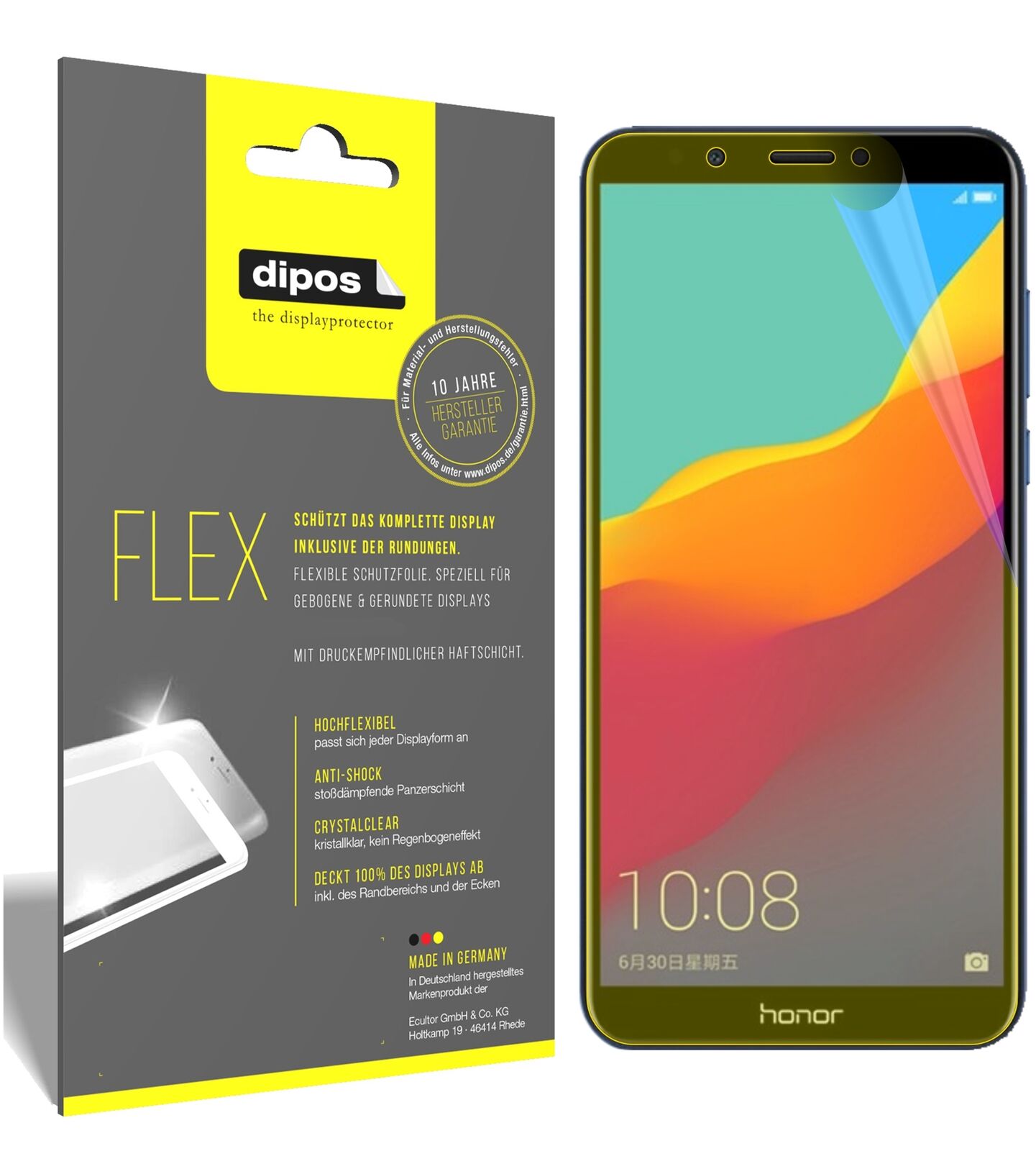 HuaweiHonor 7C mit aufgebrachter dipos Displayschutzfolie, glasklare Darstellung ohne Einschränkungen