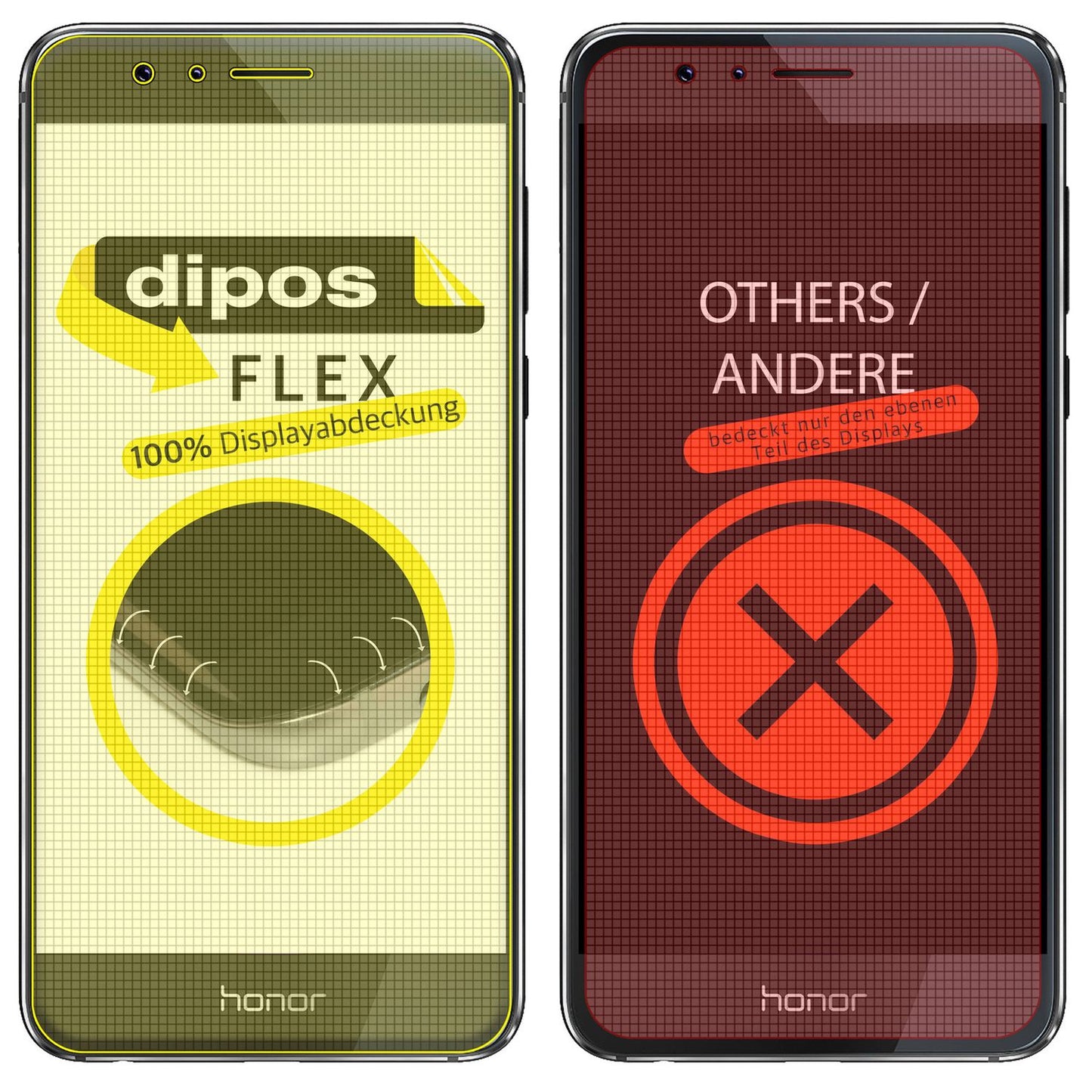 HuaweiHonor 8 mit aufgebrachter dipos Displayschutzfolie, glasklare Darstellung ohne Einschränkungen