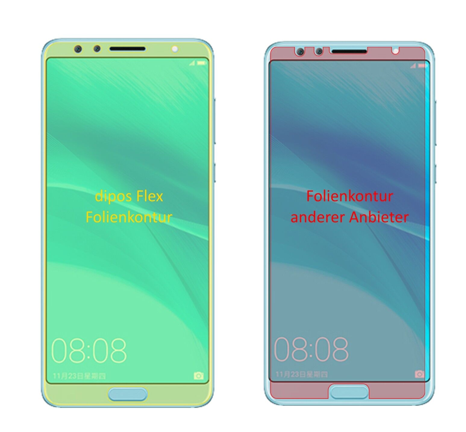 HuaweiNova 2S mit aufgebrachter dipos Displayschutzfolie, glasklare Darstellung ohne Einschränkungen